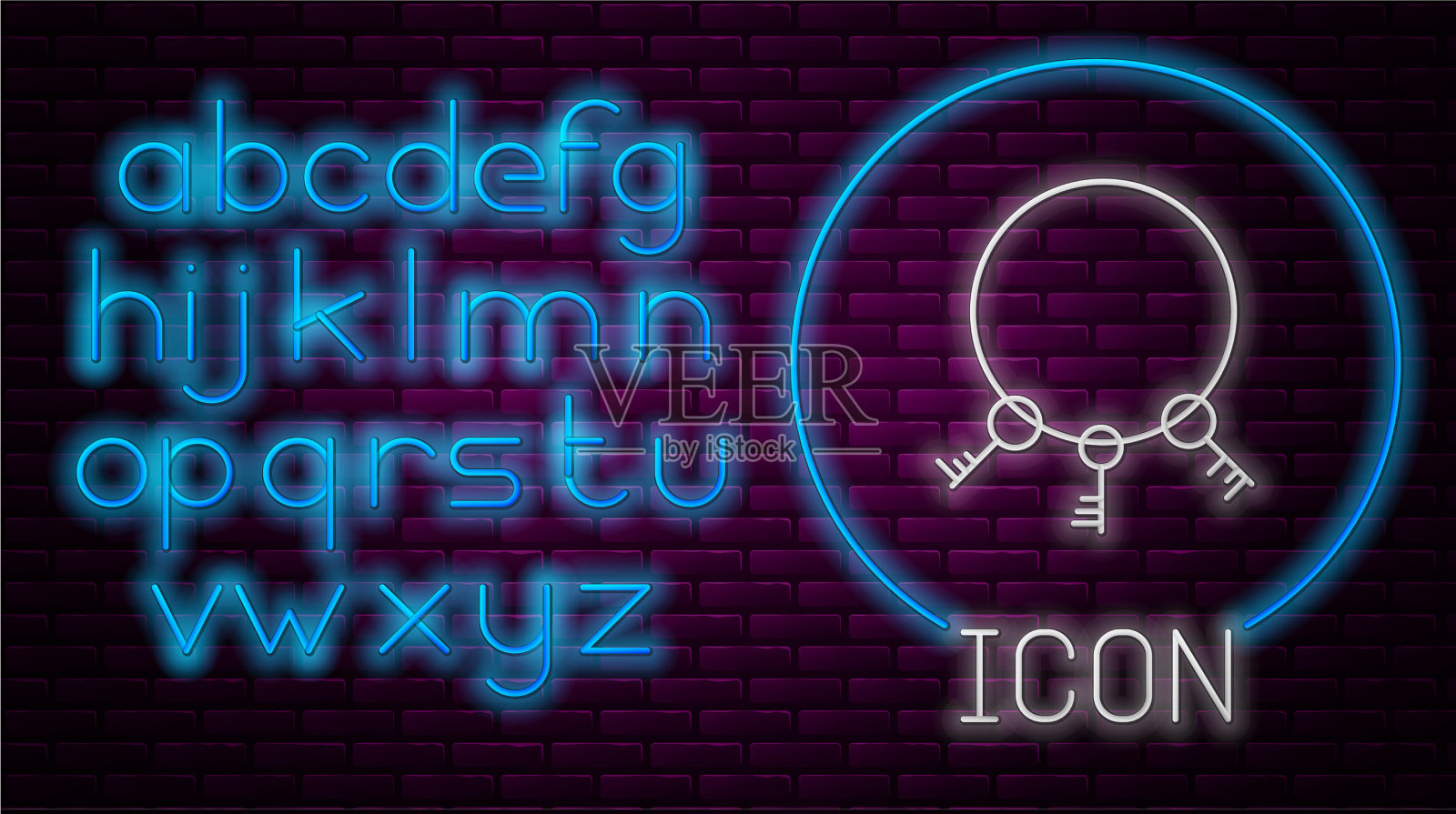 发光的霓虹灯线，旧的键图标孤立在砖块上插画图片素材