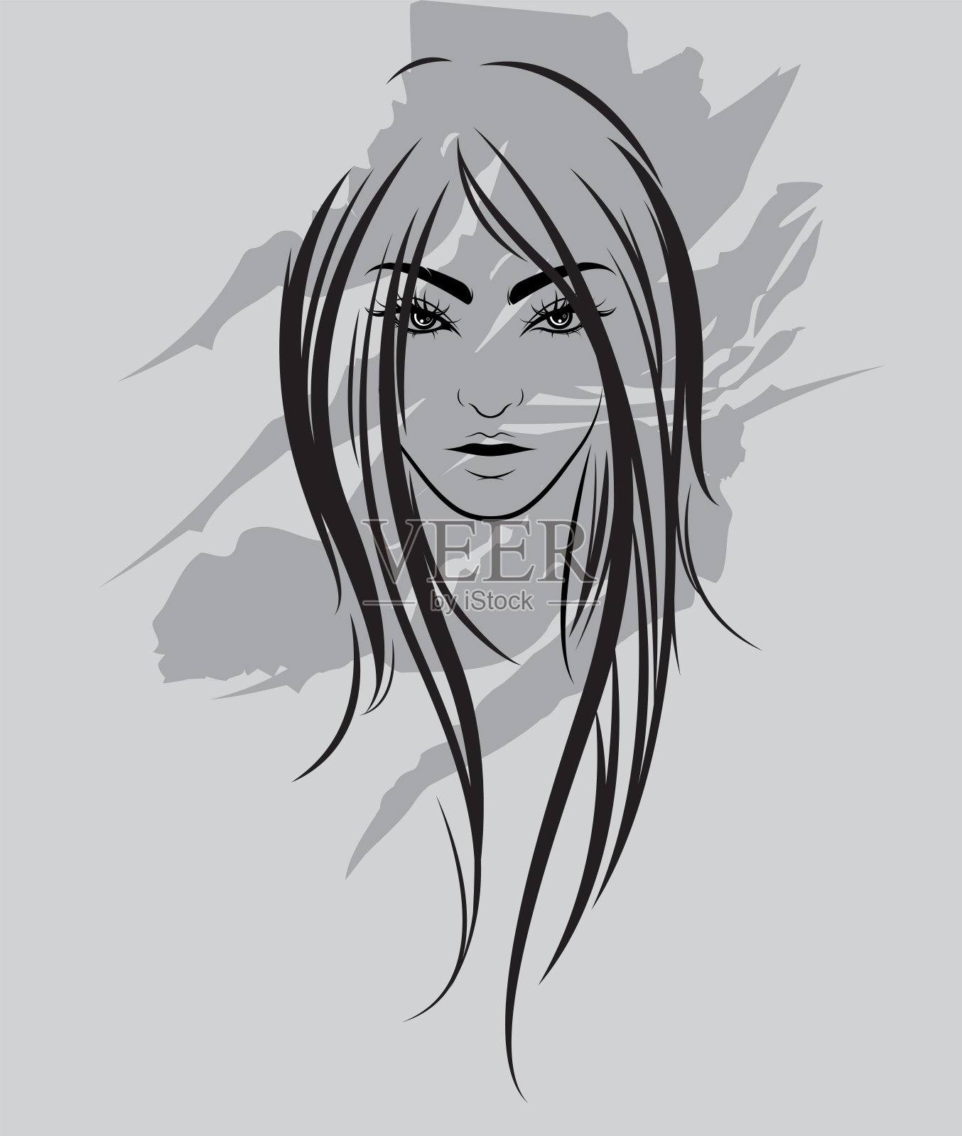 女人长发造型的图标，标志着女人的灰色背景插画图片素材