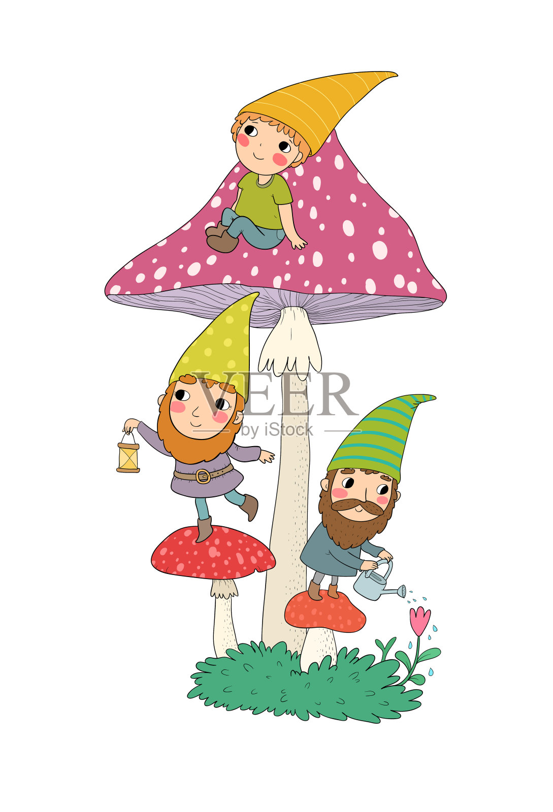 三个可爱的卡通侏儒。森林精灵。童话人物。插画图片素材