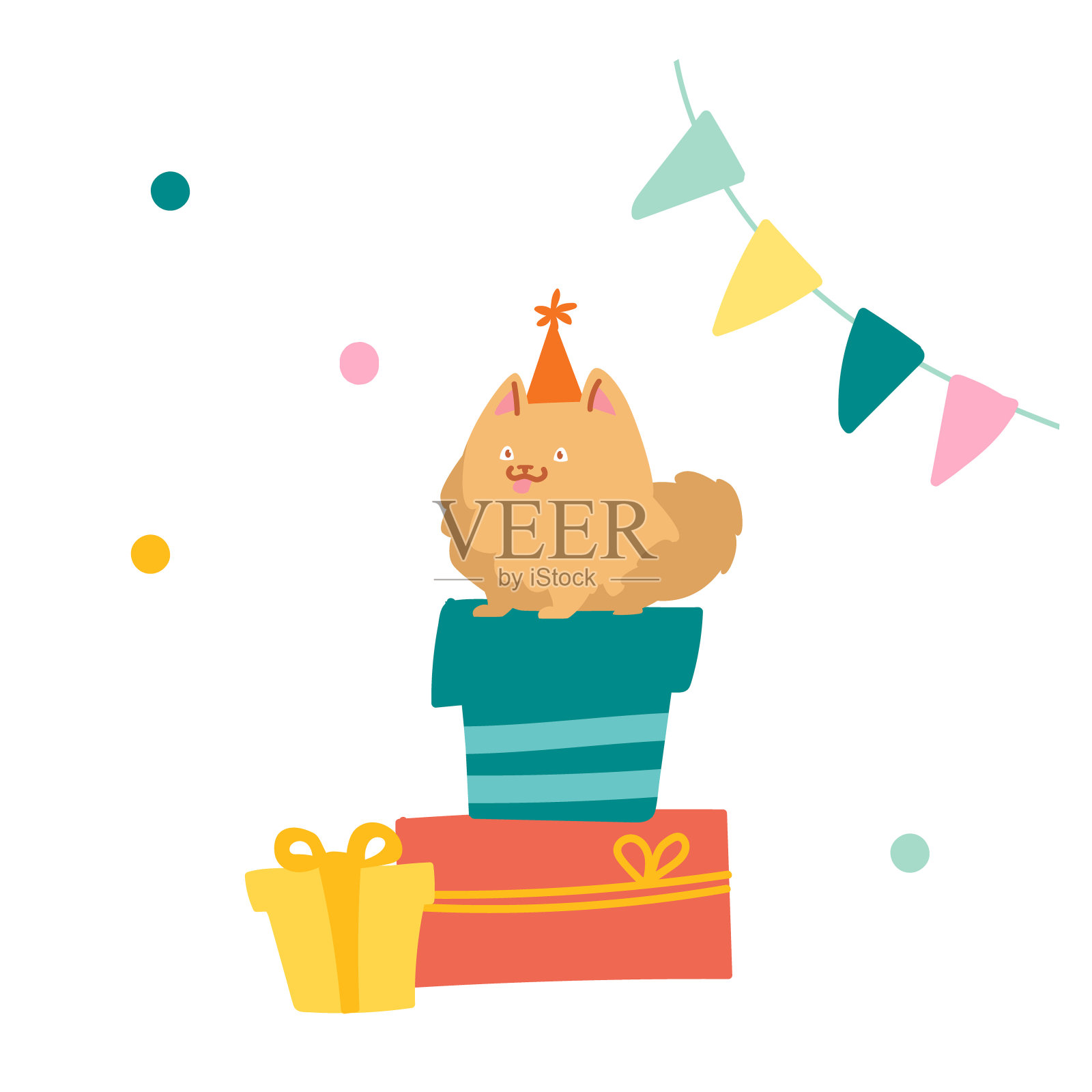 可爱的斯皮兹坐在一堆礼品盒上。狗的性格庆祝生日。有趣的宠物在节日帽子坐在包裹的礼物在房间装饰旗帜和五彩纸屑。卡通矢量图插画图片素材