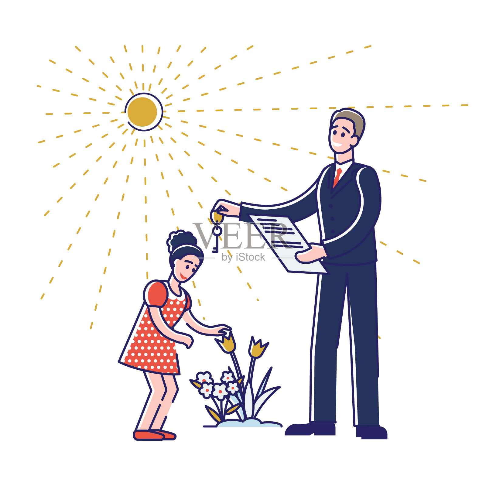 房地产经纪人拿着合同文件把新房钥匙给了小女孩插画图片素材