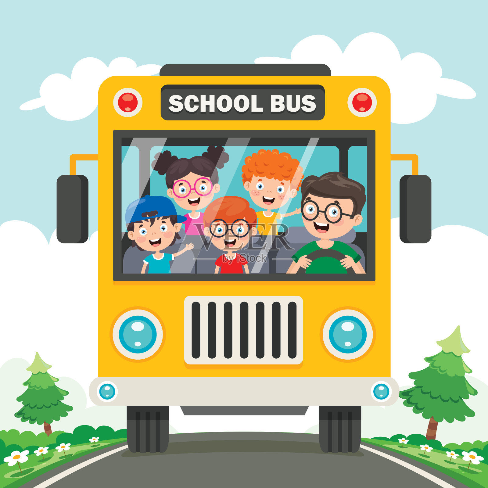 快乐的孩子和校车插画图片素材