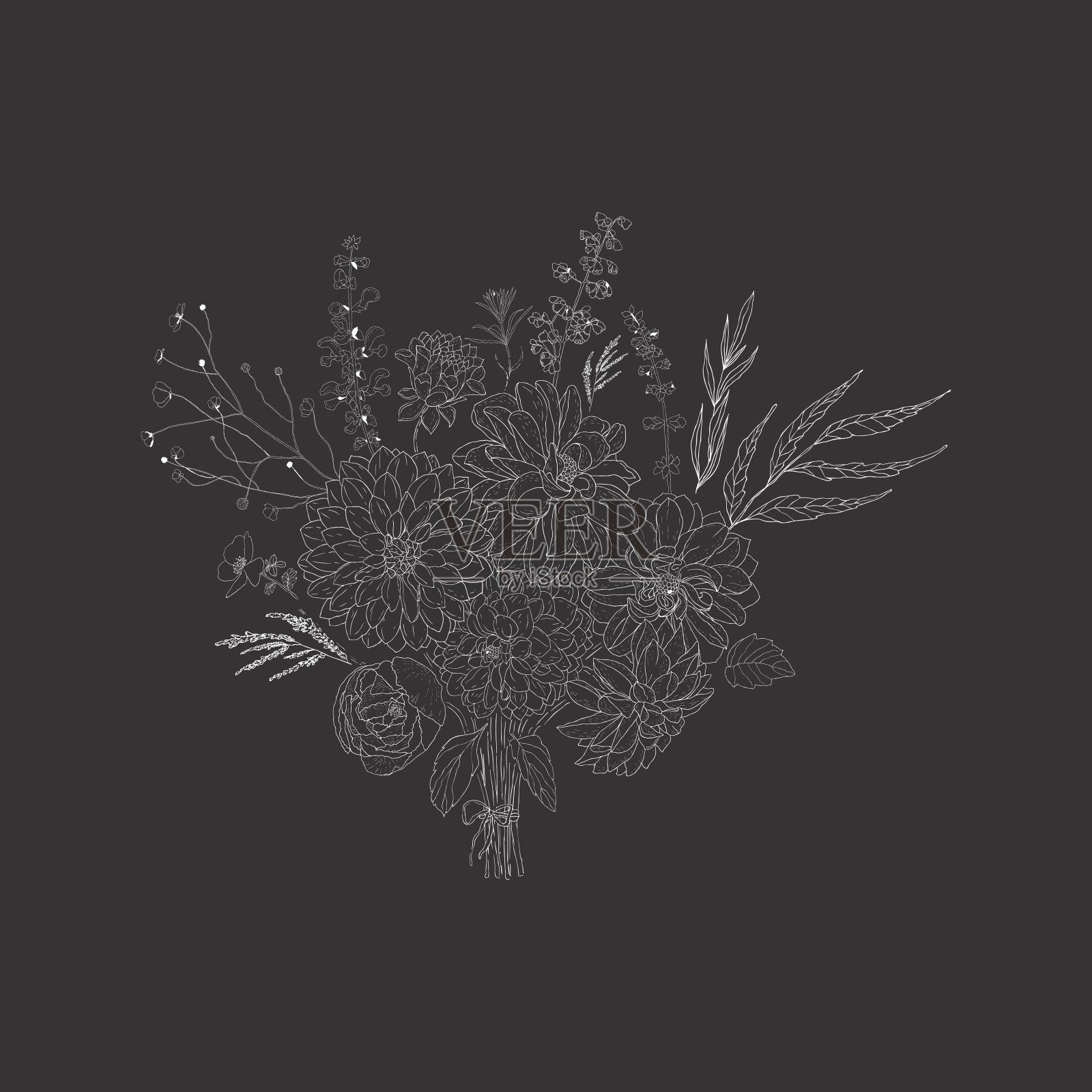 花束与牡丹和达利哈的婚礼装饰。插画图片素材