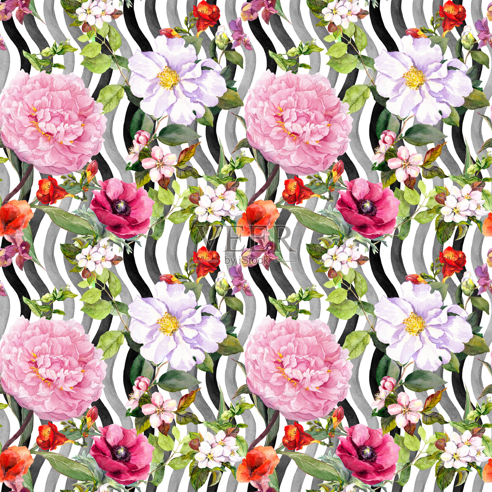 花，叶，草在单色条纹背景。无缝的花卉图案。水彩插画图片素材