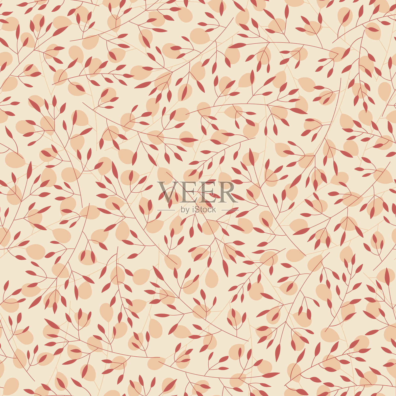 向量花无缝模式与枝叶在米色背景。手绘秋季装饰植物。插画图片素材