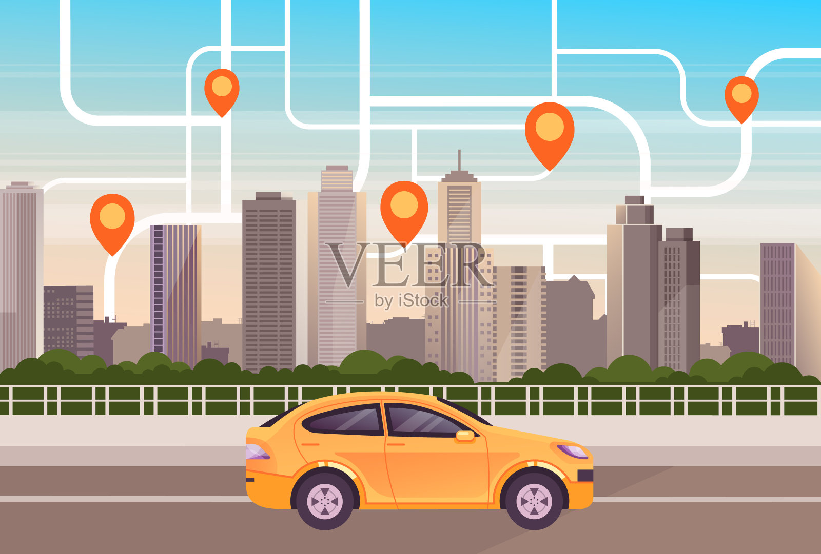 城市城镇出租车移动应用程序概念。矢量平面卡通图形设计插图插画图片素材