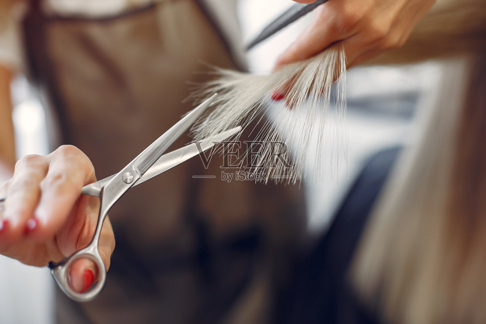 理发师在一家发廊里为她的客户理发照片摄影图片