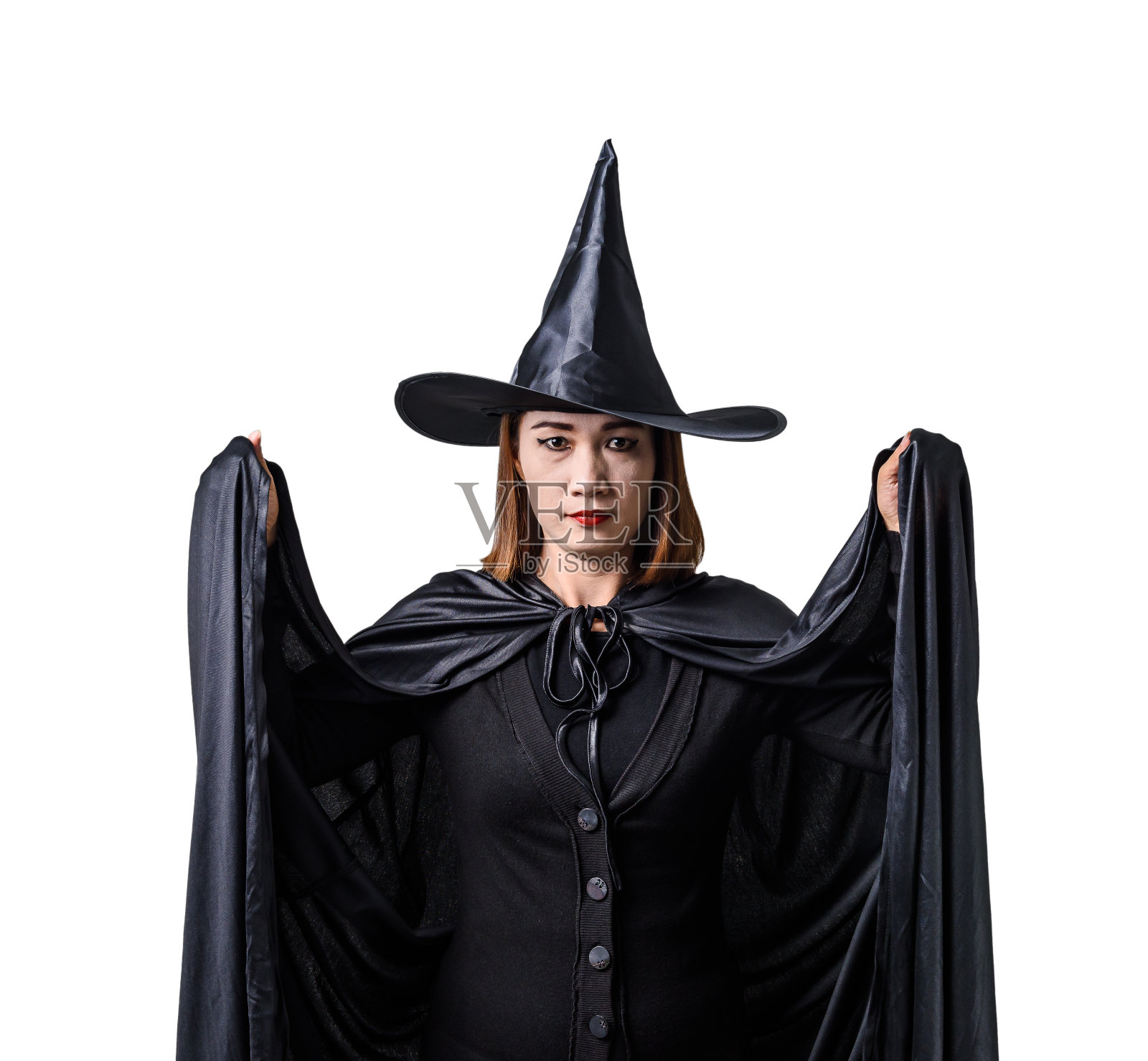 黑色女人的肖像可怕的女巫万圣节服装与帽子孤立的白色背景照片摄影图片