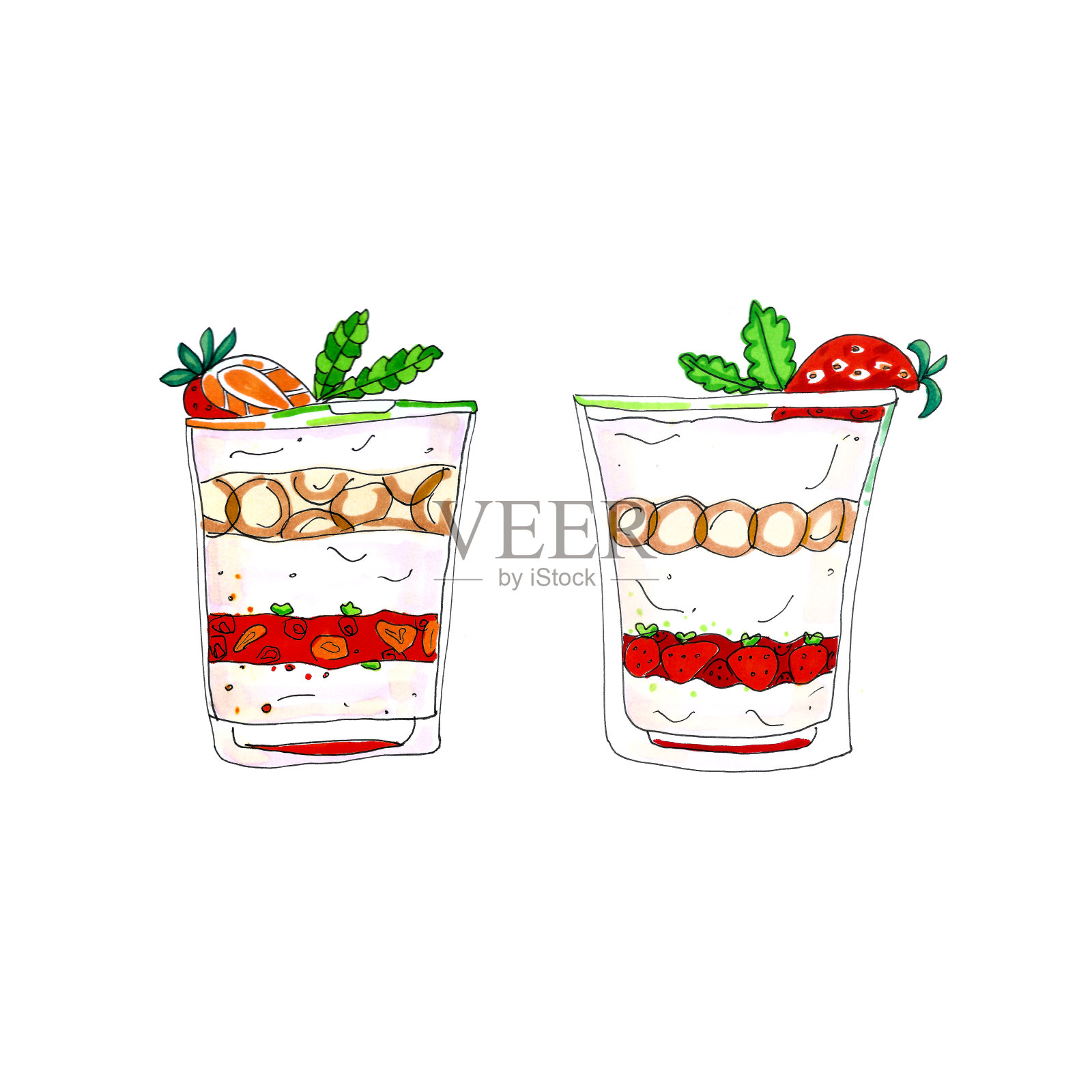 两套奶油层甜点与草莓和薄荷在玻璃。插画图片素材