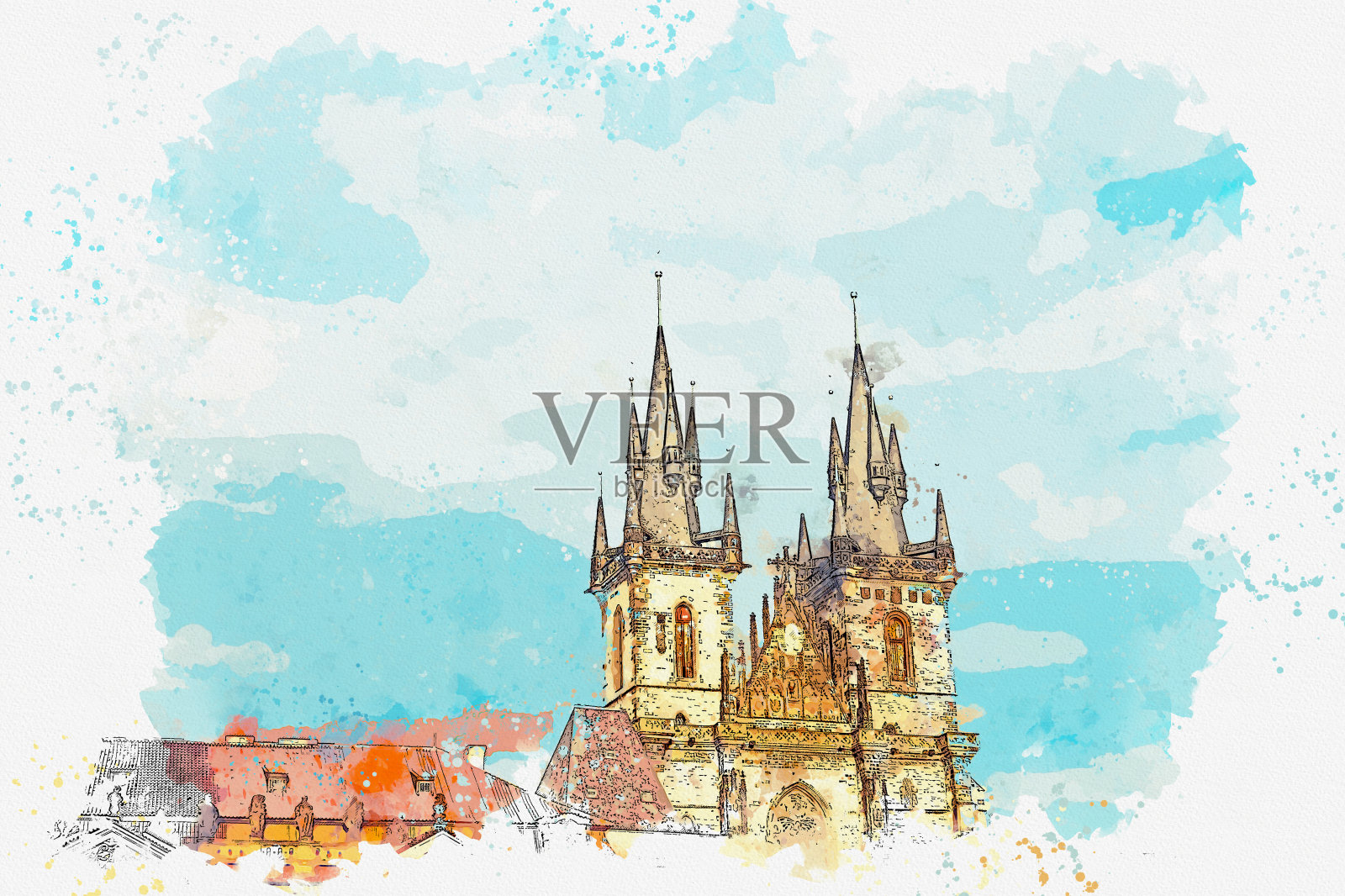 布拉格主要广场上美丽的古庙插画图片素材