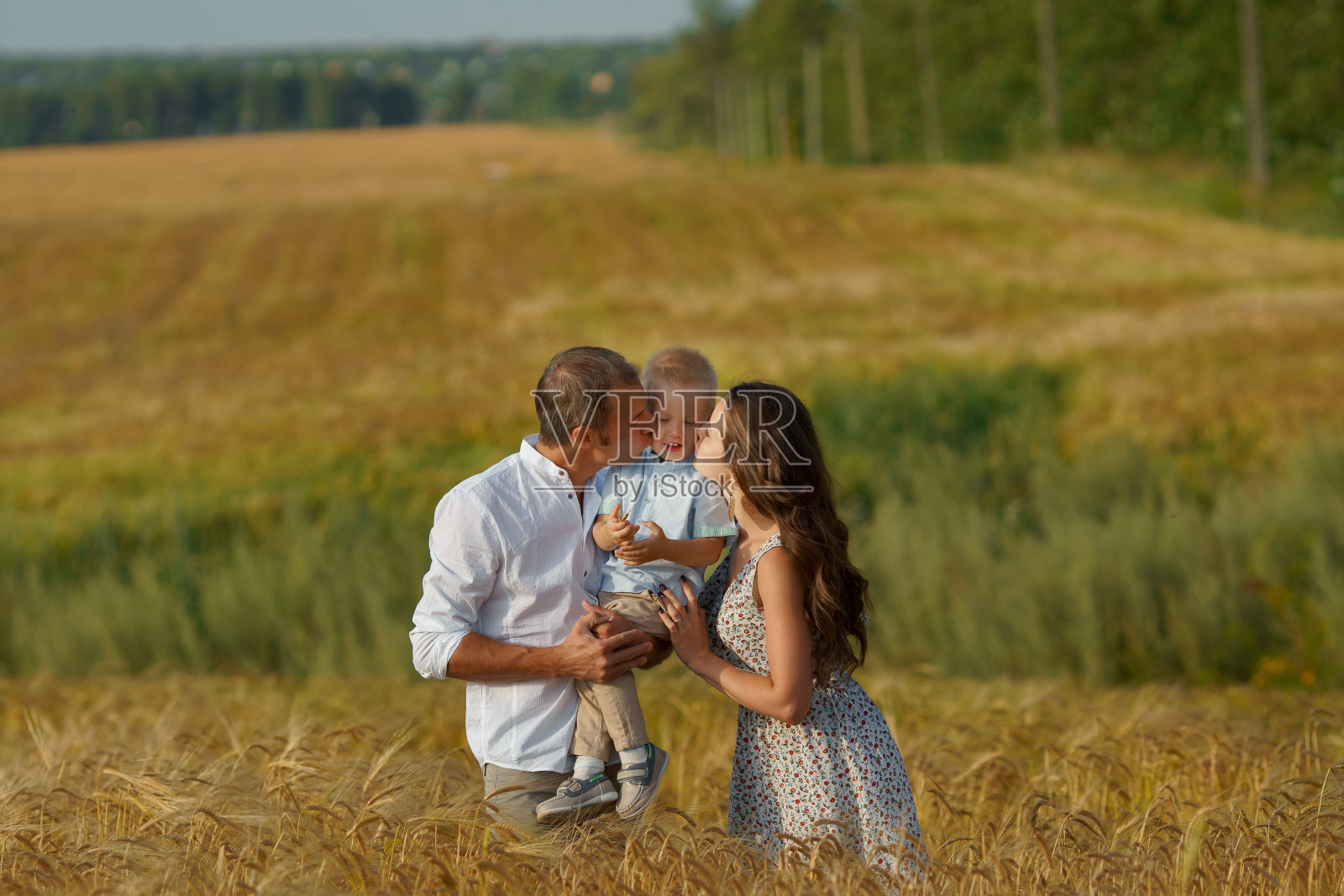 一个年轻的家庭穿过麦田照片摄影图片