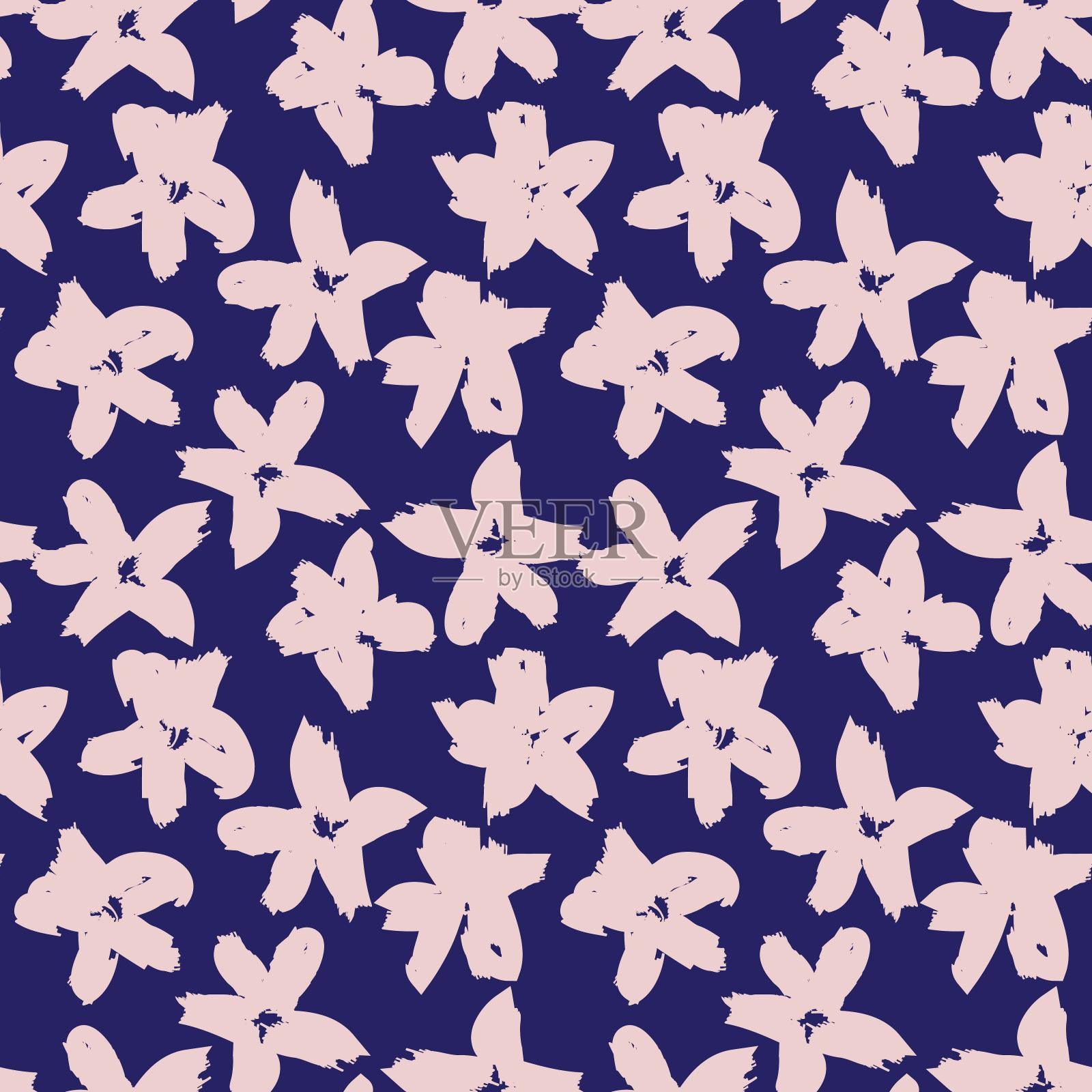 粉色海军蓝花卉笔触无缝图案背景插画图片素材