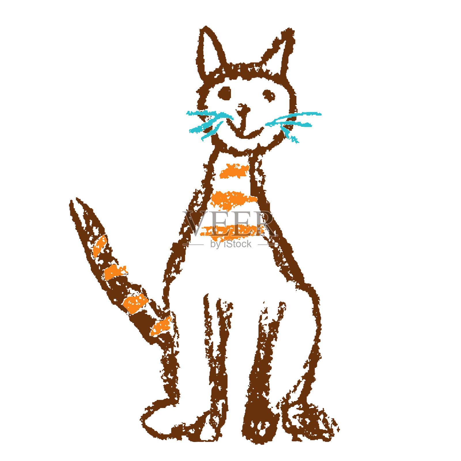 滑稽的红斑猫坐在微笑的猫。蜡笔像孩子的手画可爱的小猫艺术。插画图片素材