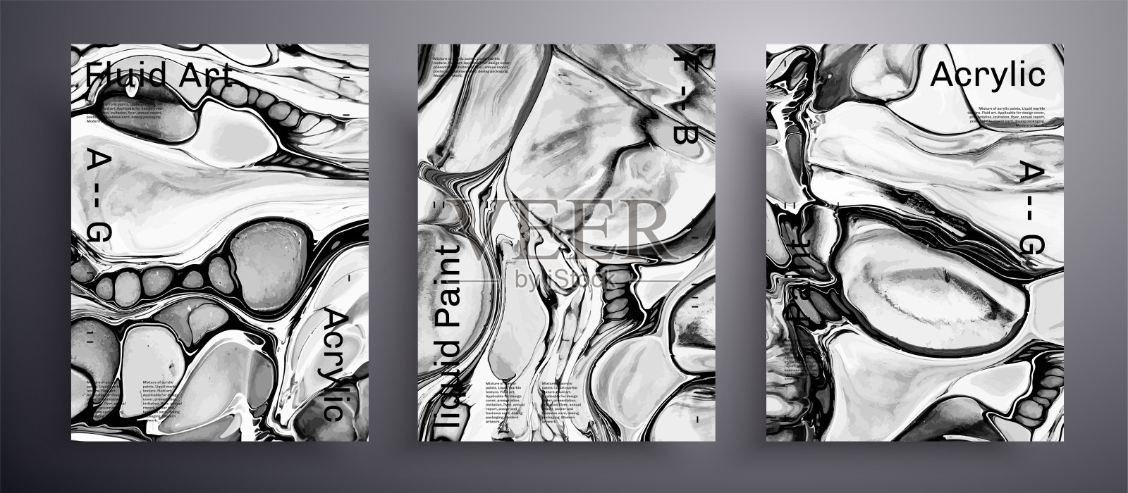 抽象液体标语牌，流体艺术矢量纹理包。时尚的背景，可用于设计封面，邀请，演示等。灰色，黑色和白色创意彩虹艺术品。插画图片素材