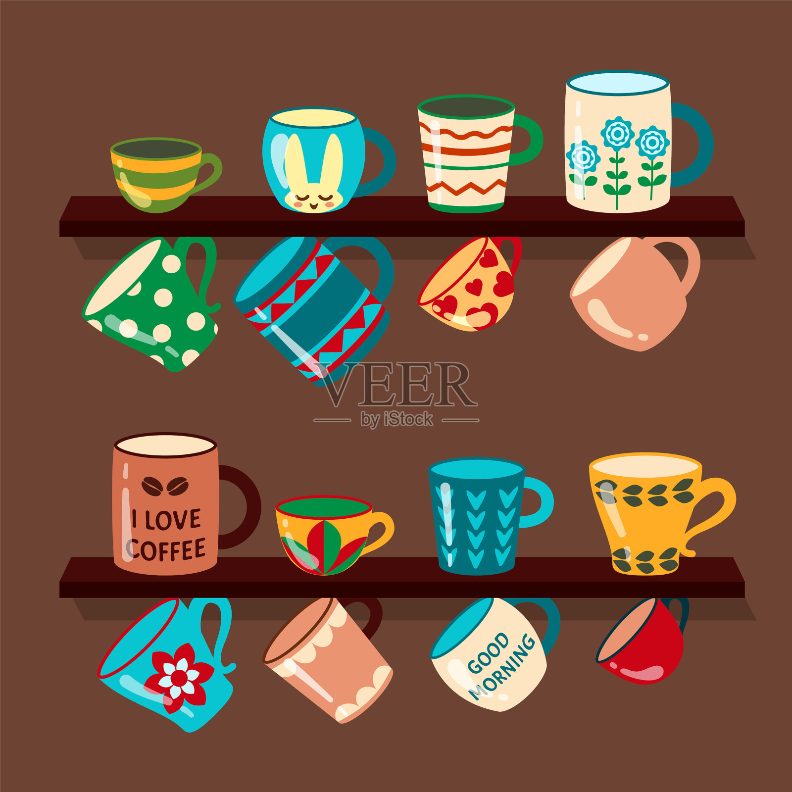 架子上的咖啡杯收藏在插画图片素材