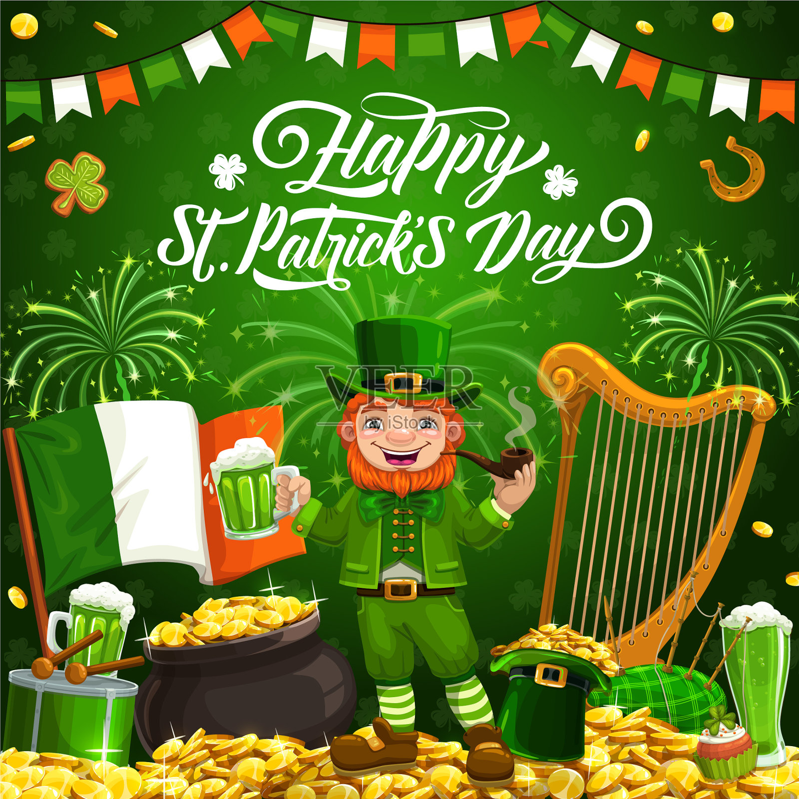 帕特里克日小妖精金和爱尔兰国旗插画图片素材