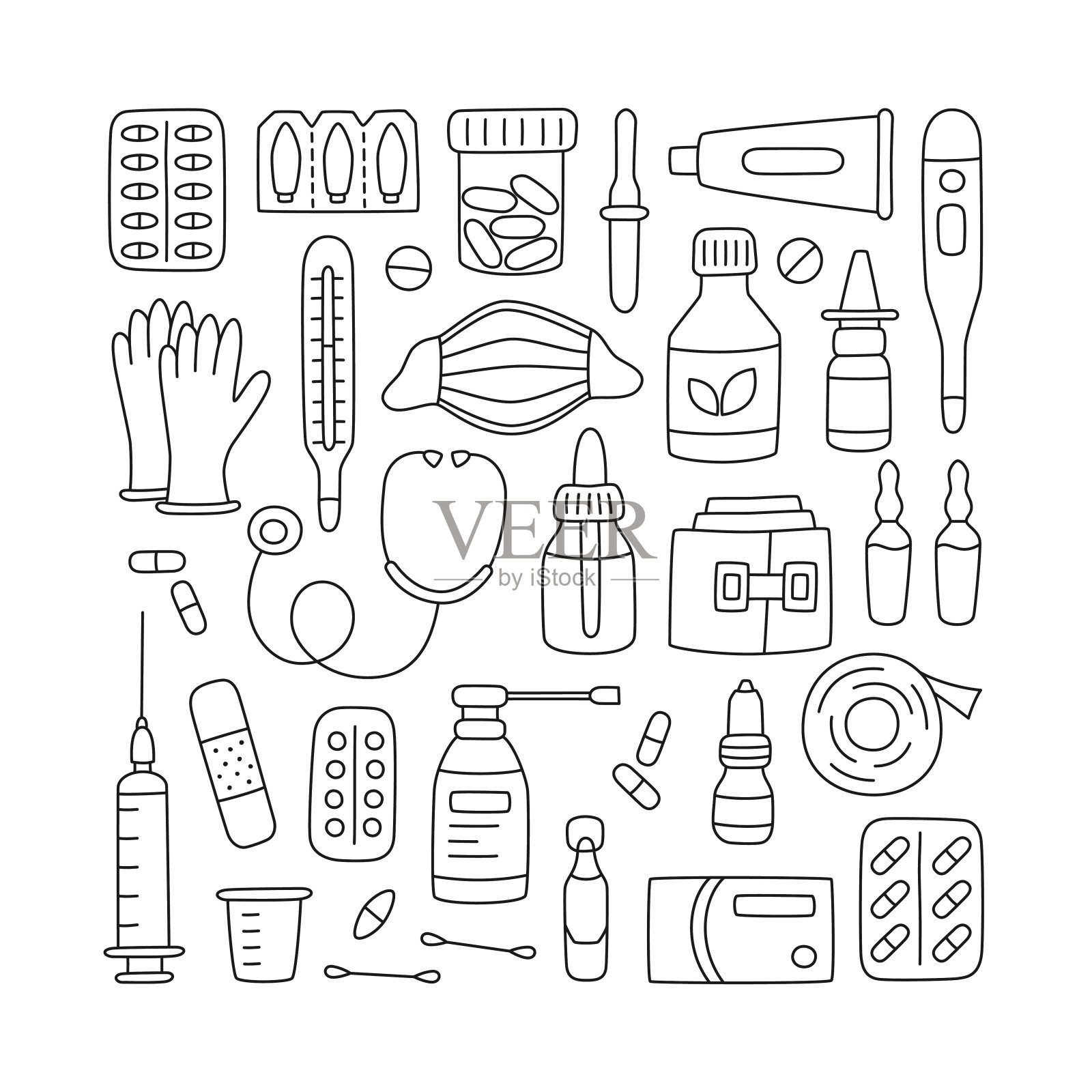 一套手绘药物、药品、保健丸及医疗要素。向量插画图片素材