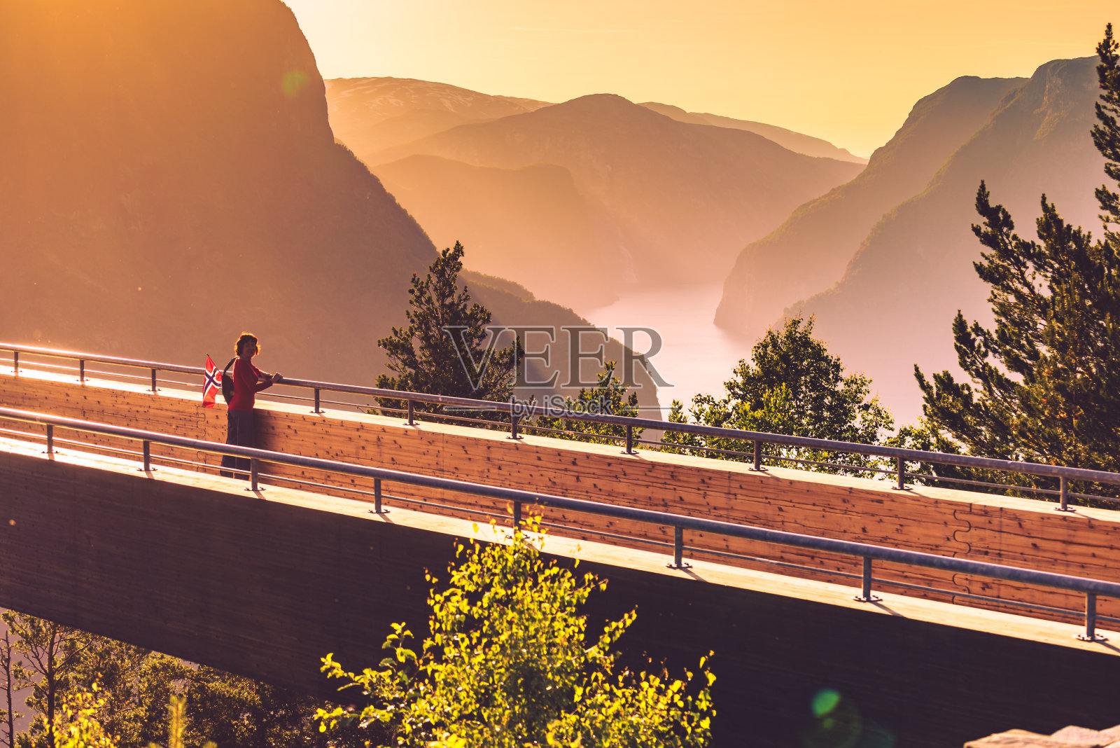 游客享受峡湾的观点，在Stegastein观点的挪威照片摄影图片