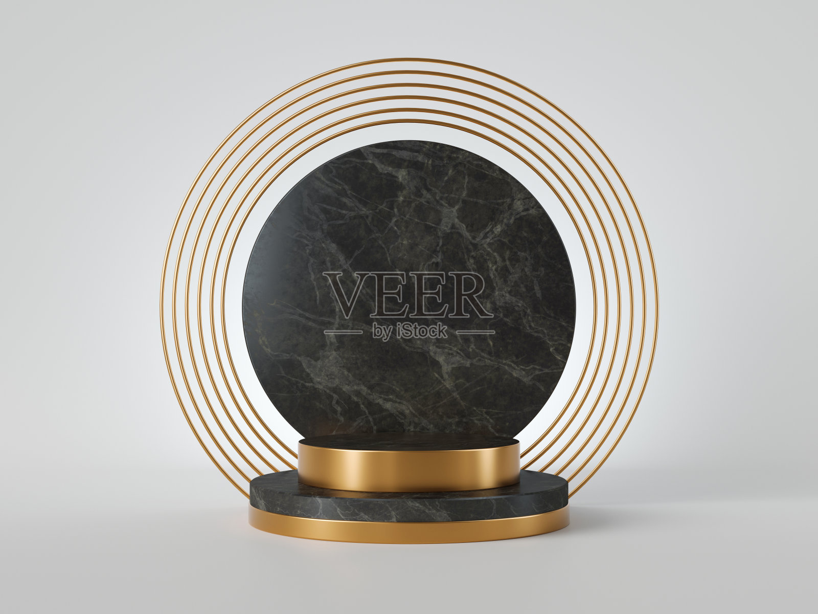 3d渲染，抽象产品展示架，圆形纪念板，装饰艺术黑色大理石底座与金色框架。现代最小几何概念。空的时尚讲台。空白合同模型照片摄影图片