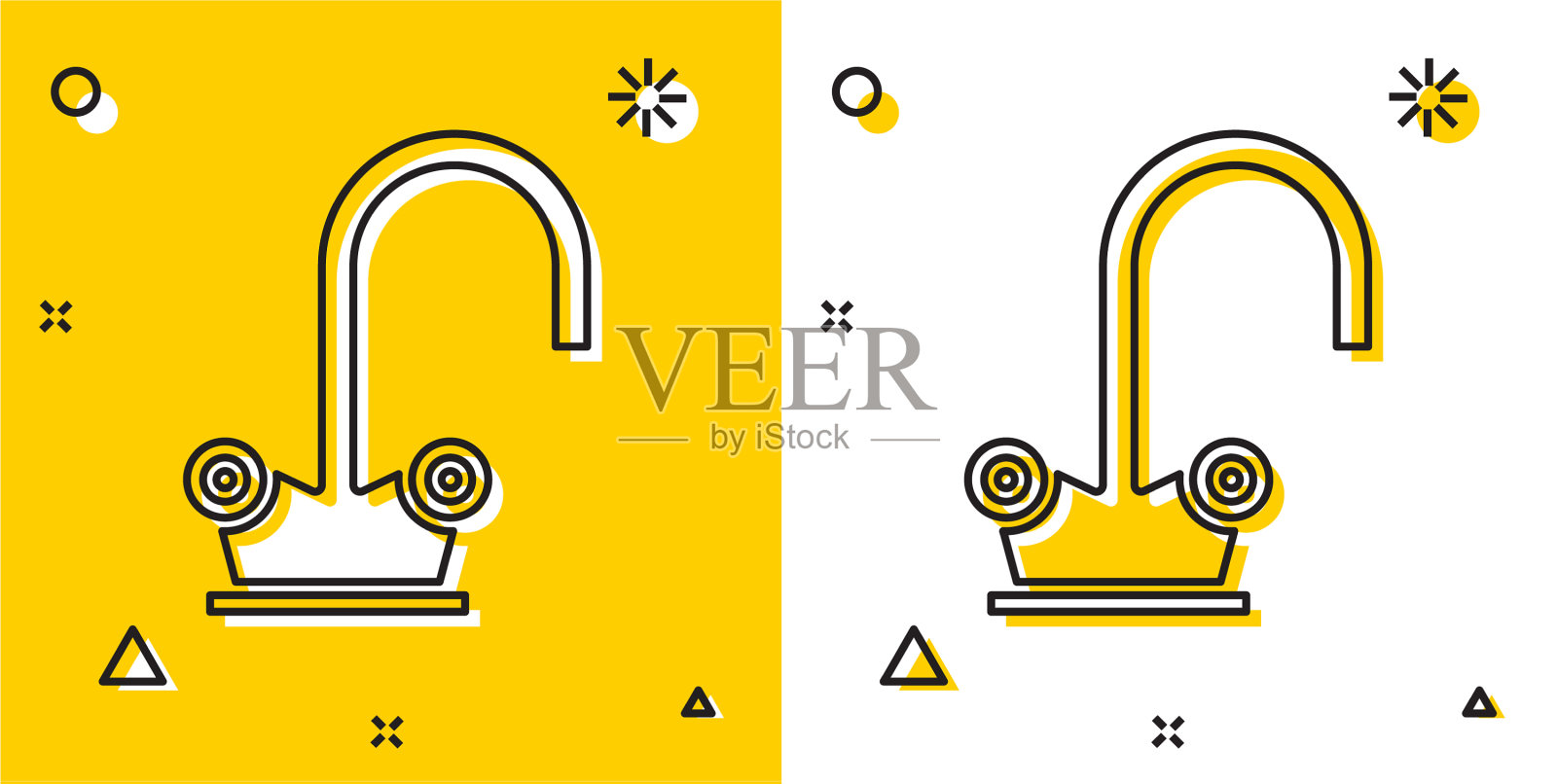 黑色水龙头图标隔离在黄色和白色插画图片素材