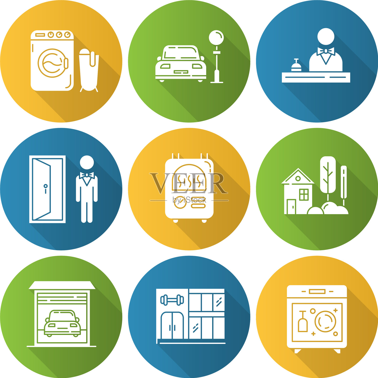 公寓设施平面设计长阴影字形图标素材