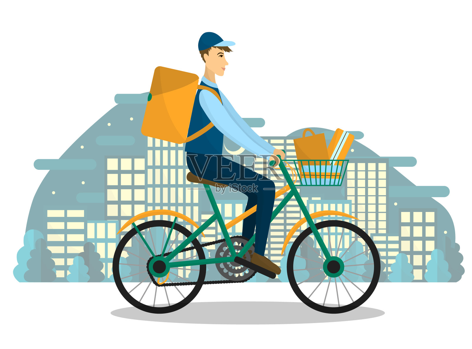 矢量插图的司机在自行车上与一个订单。快递员骑着自行车。交付。网上购物和订购。夜幕以城市为背景插画图片素材