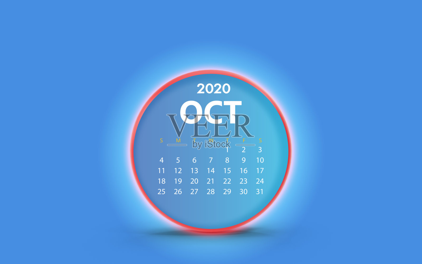 2020年10月蓝色背景上的圆形闪亮日历照片摄影图片