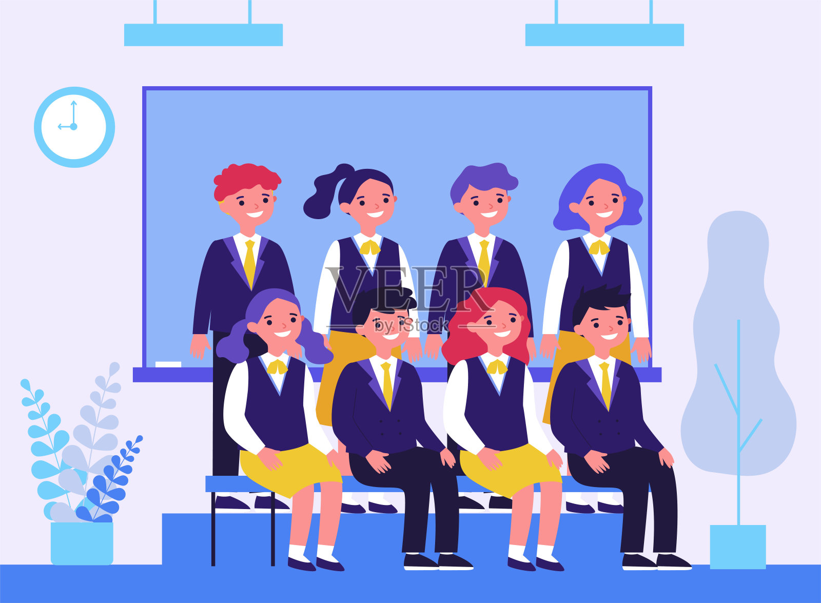 快乐的学生在教室摆姿势拍照插画图片素材