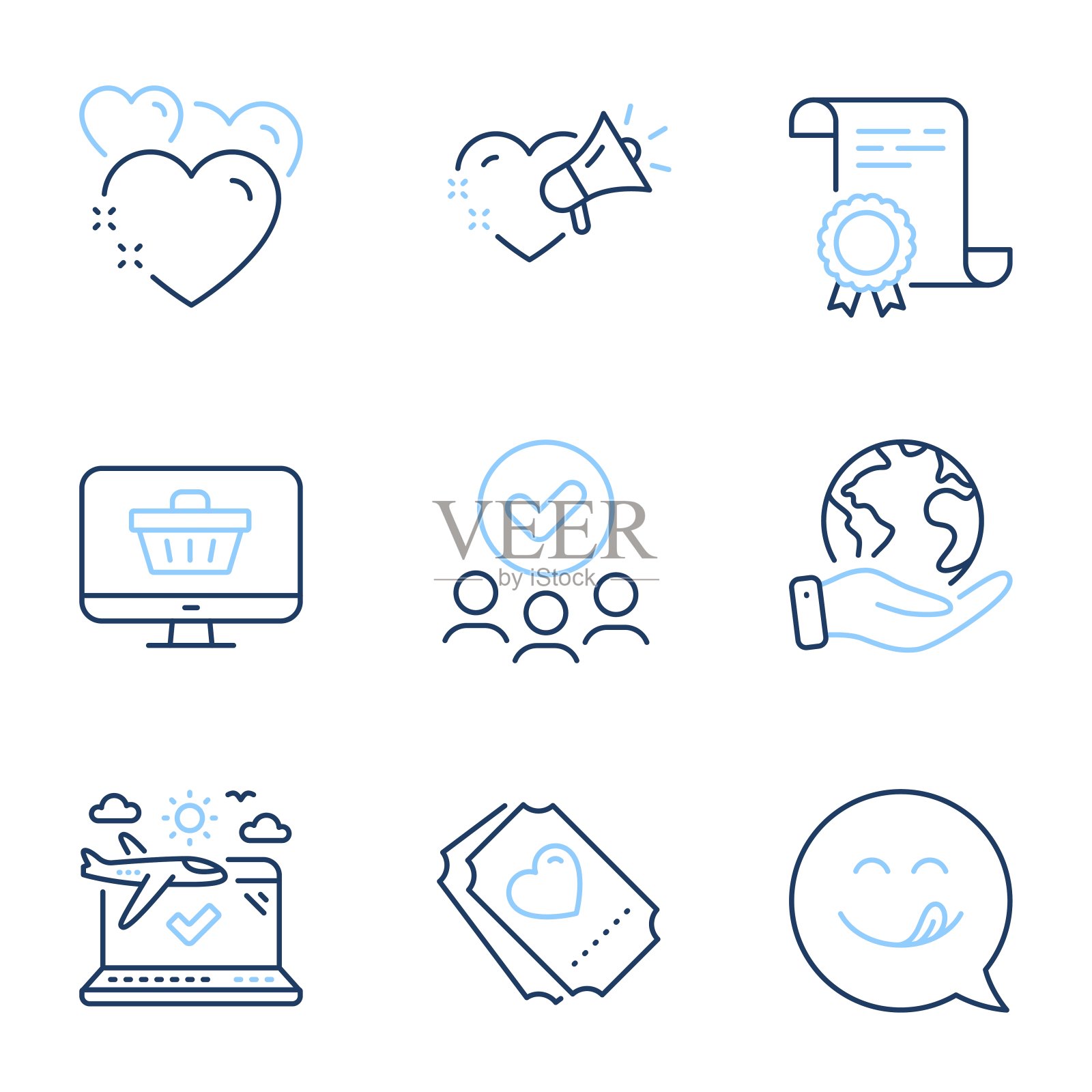 网上商店，爱的票和爱的信息图标集。美味的微笑，心和飞机的旅游标志。向量图标素材