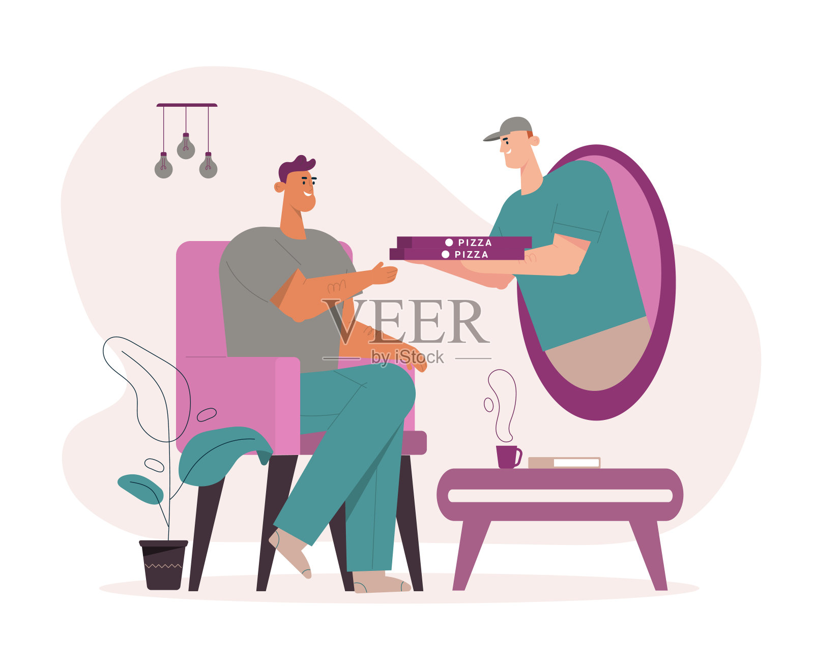 外卖员给顾客送披萨插画图片素材