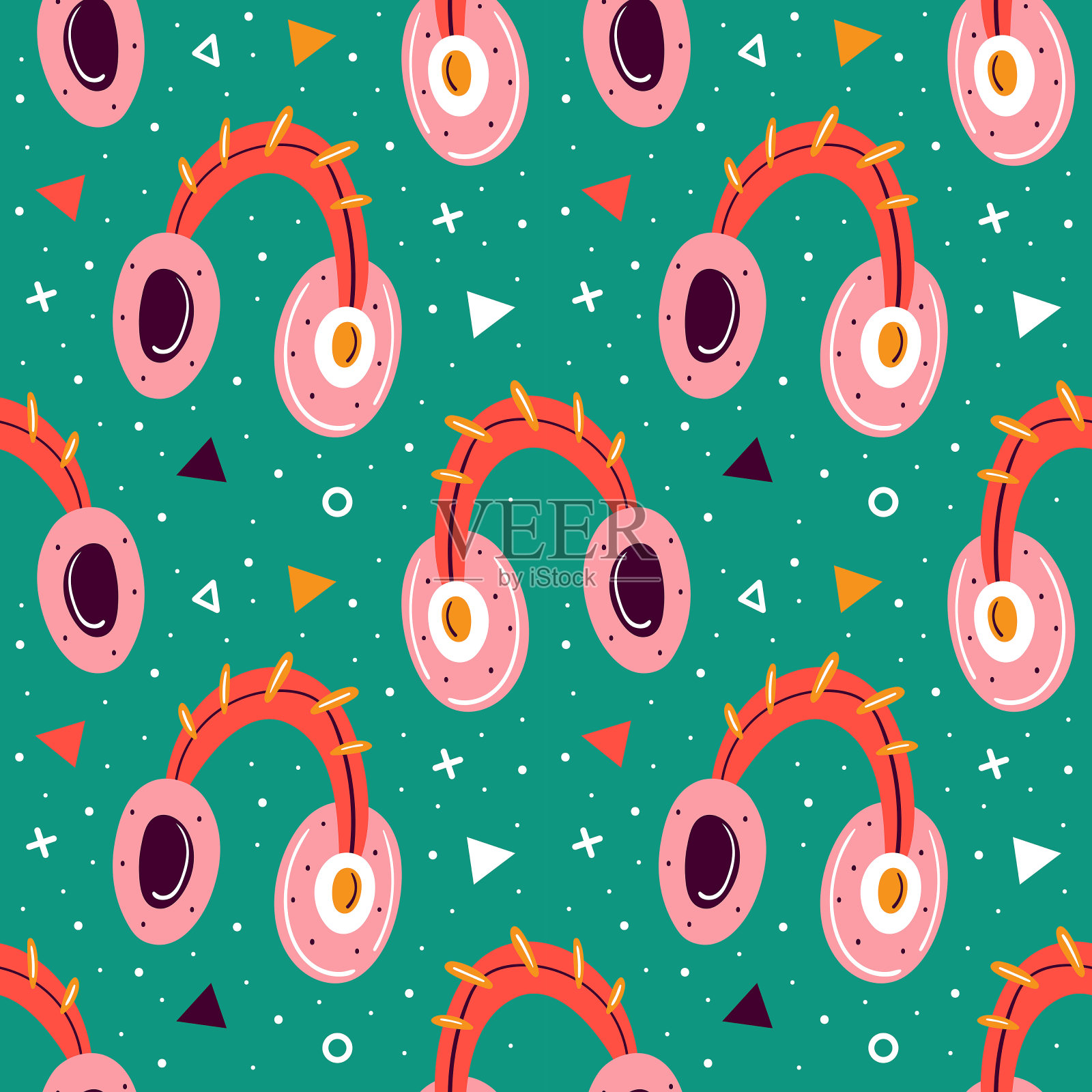 耳机的绿色背景和三角形。博客条目。在工作室制作视频。媒体内容生产。播客，流媒体，频道，音乐。平面矢量无缝模式，纹理，背景。插画图片素材
