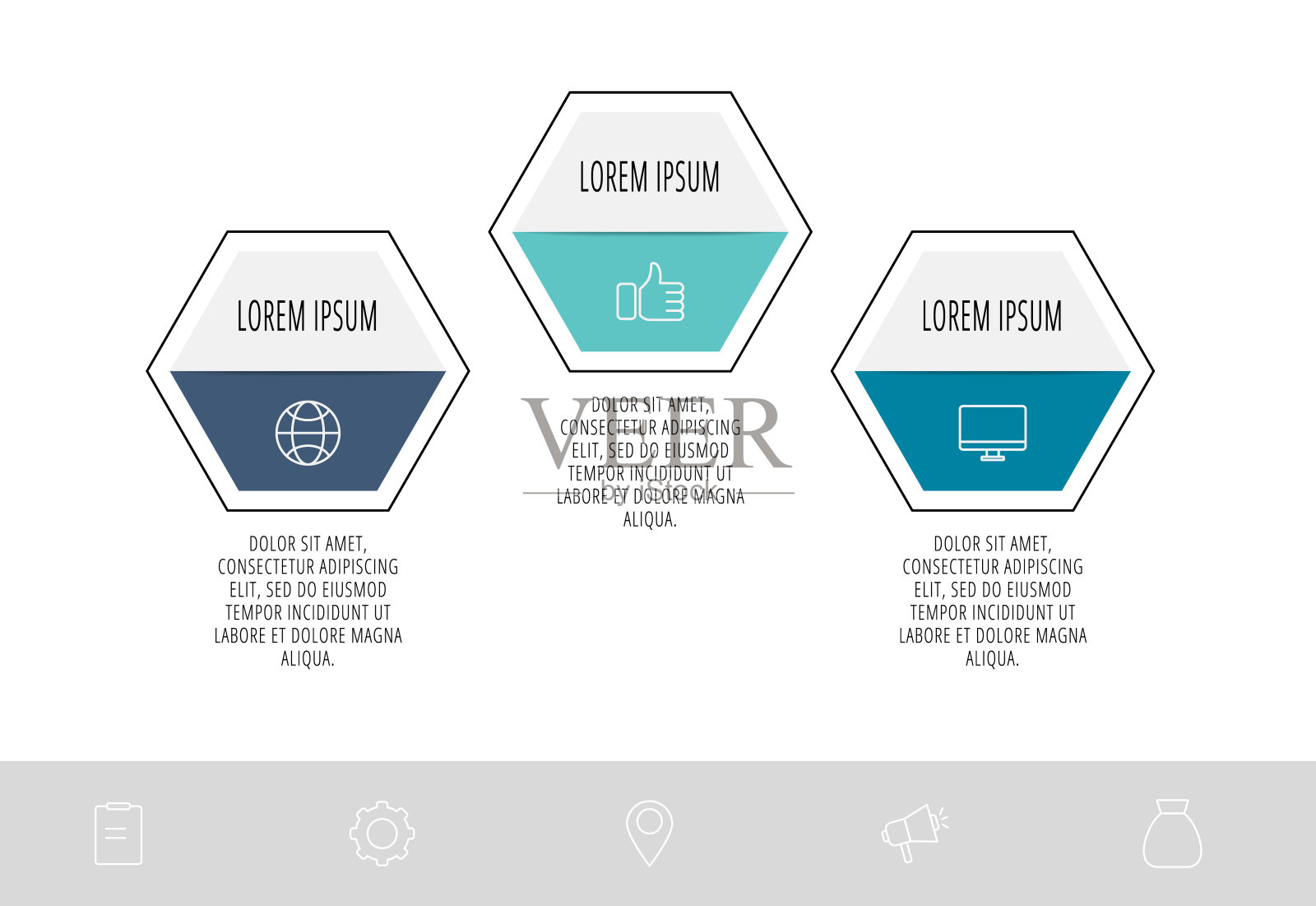 向量现代信息图表处理模板。带有图标和文本的多边形，共3步。设计模板素材