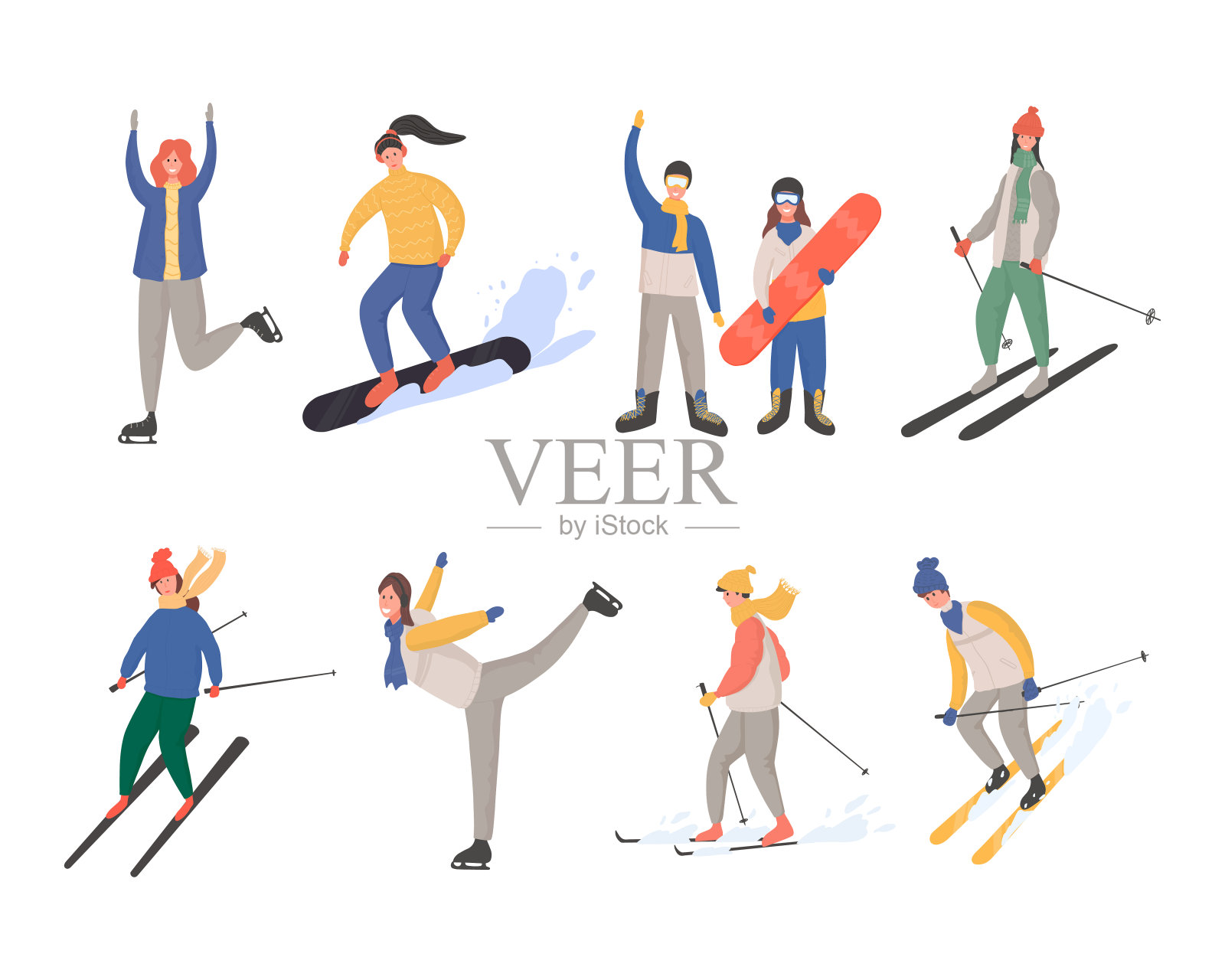 一群人穿着冬装做冬季活动矢量平面卡通插图。插画图片素材