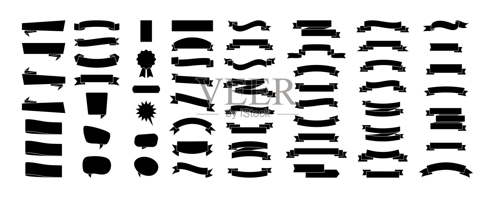 黑色缎带banner，白色背景隔离。不同形状的缎带banner合集。缎带banner矢量图标。矢量素材图标素材