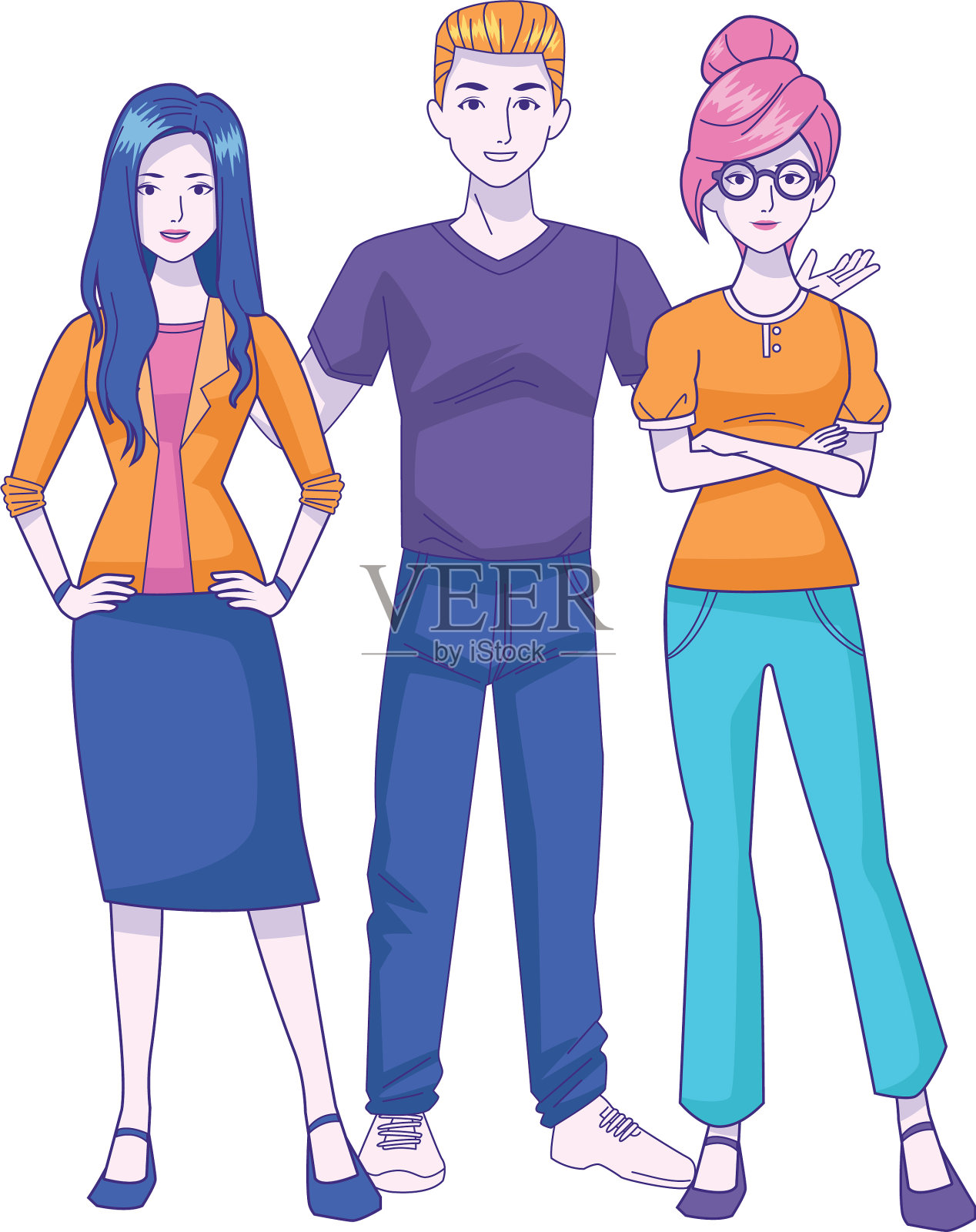 卡通男子与年轻女孩站在五颜六色插画图片素材