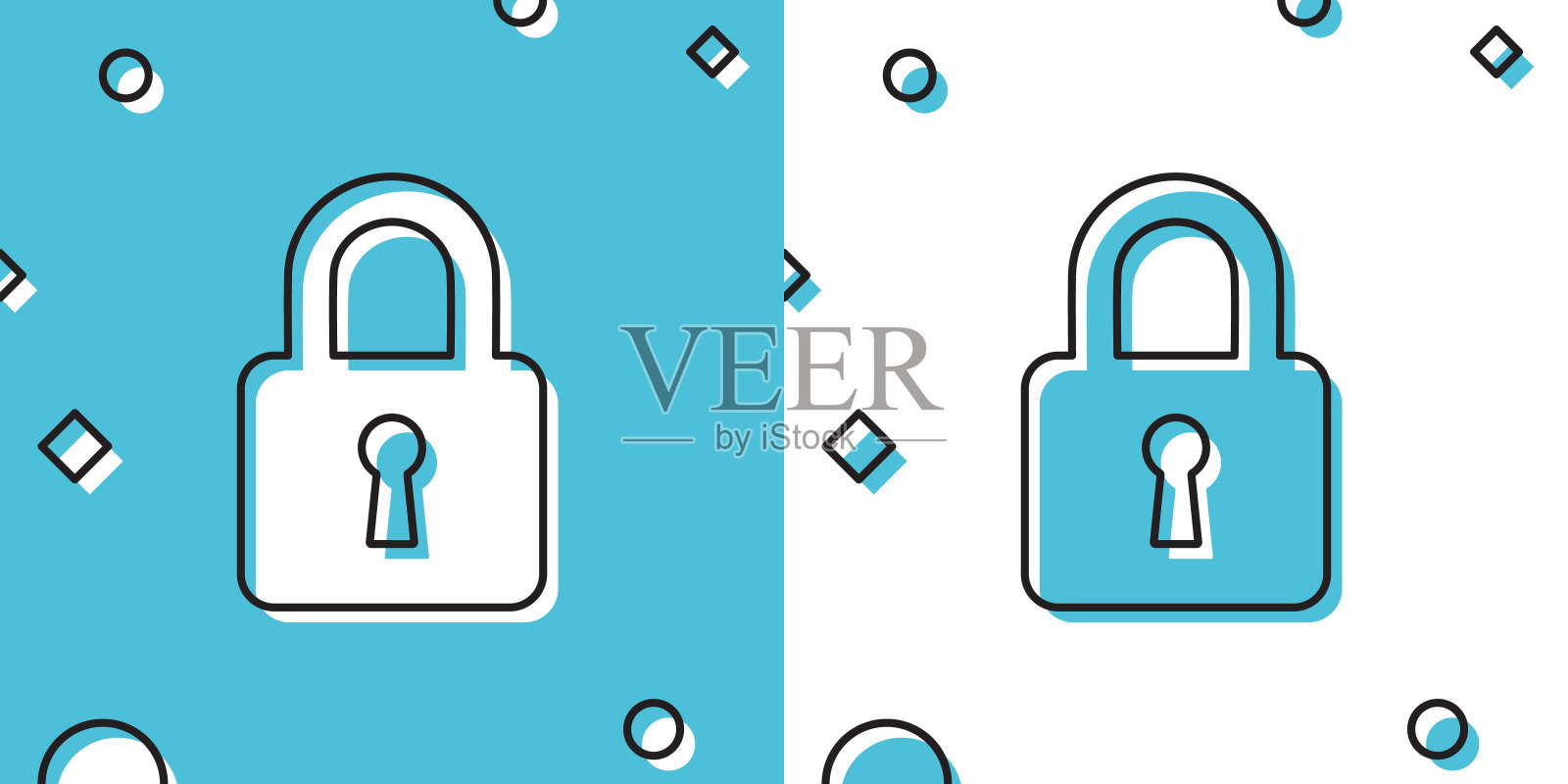 黑锁图标孤立在蓝色和白色的背景。挂锁的迹象。安全、安全、保护、隐私的理念。随机动态形状。矢量图插画图片素材