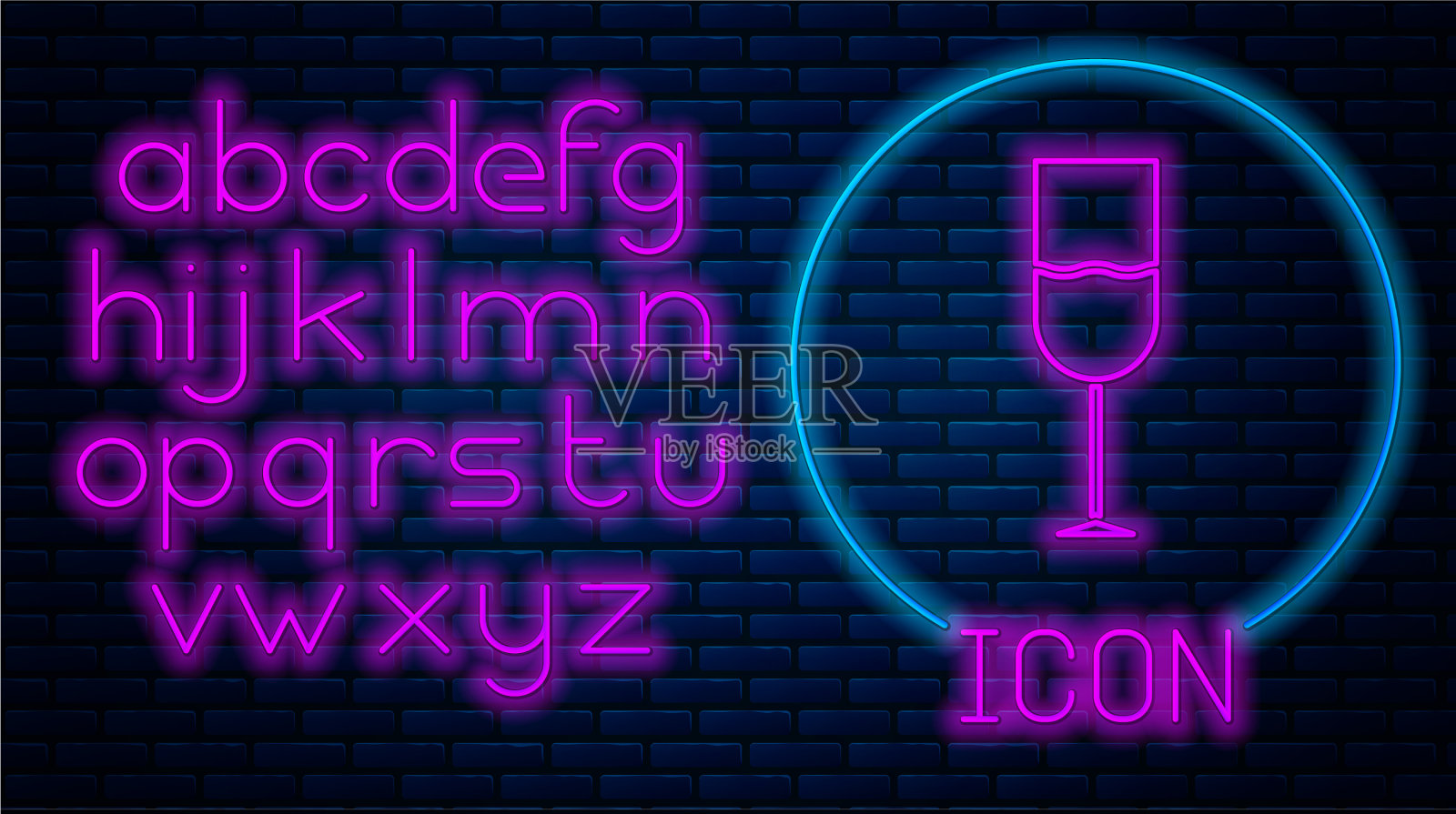 发光的霓虹灯葡萄酒杯图标孤立在砖块上插画图片素材