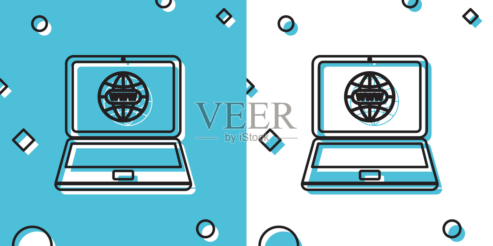 黑色网站在笔记本电脑屏幕图标隔离在蓝色和白色的背景。屏幕上笔记本电脑符号的地球仪。万维网符号。互联网符号为您的网站设计，标志。矢量图设计元素图片