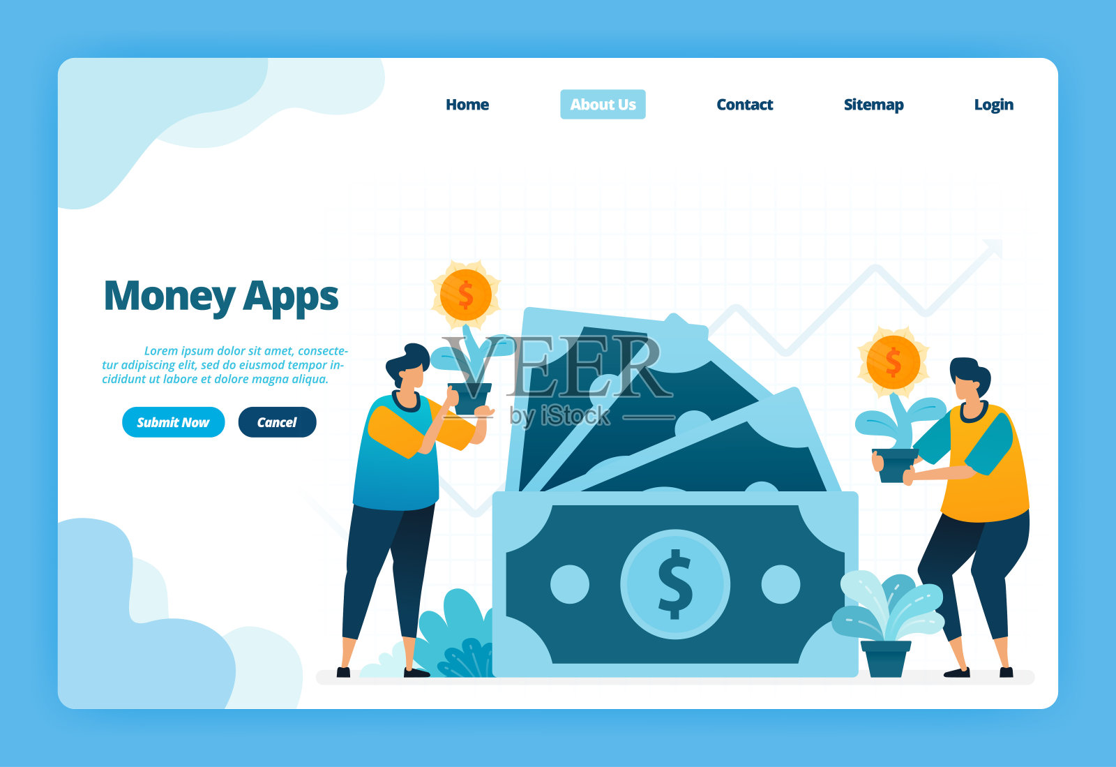 金钱应用的登陆页面。银行和金融投资选择。说明登陆页，网站，手机应用程序，海报，传单插画图片素材