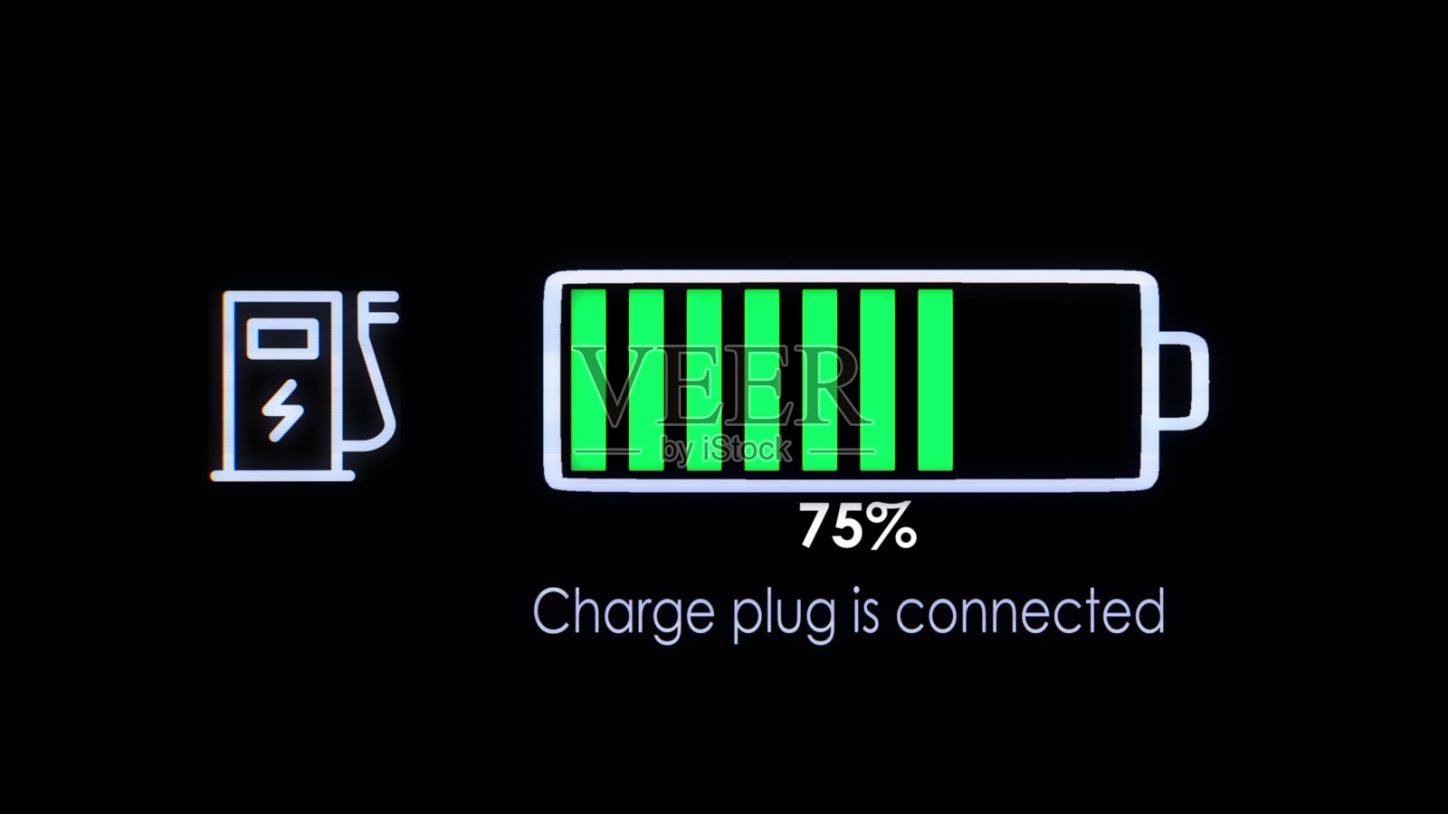 电动汽车充电指示充电进度，电动汽车电池指示显示电池充电不断增加。电池指示灯显示它充满100%。插画图片素材