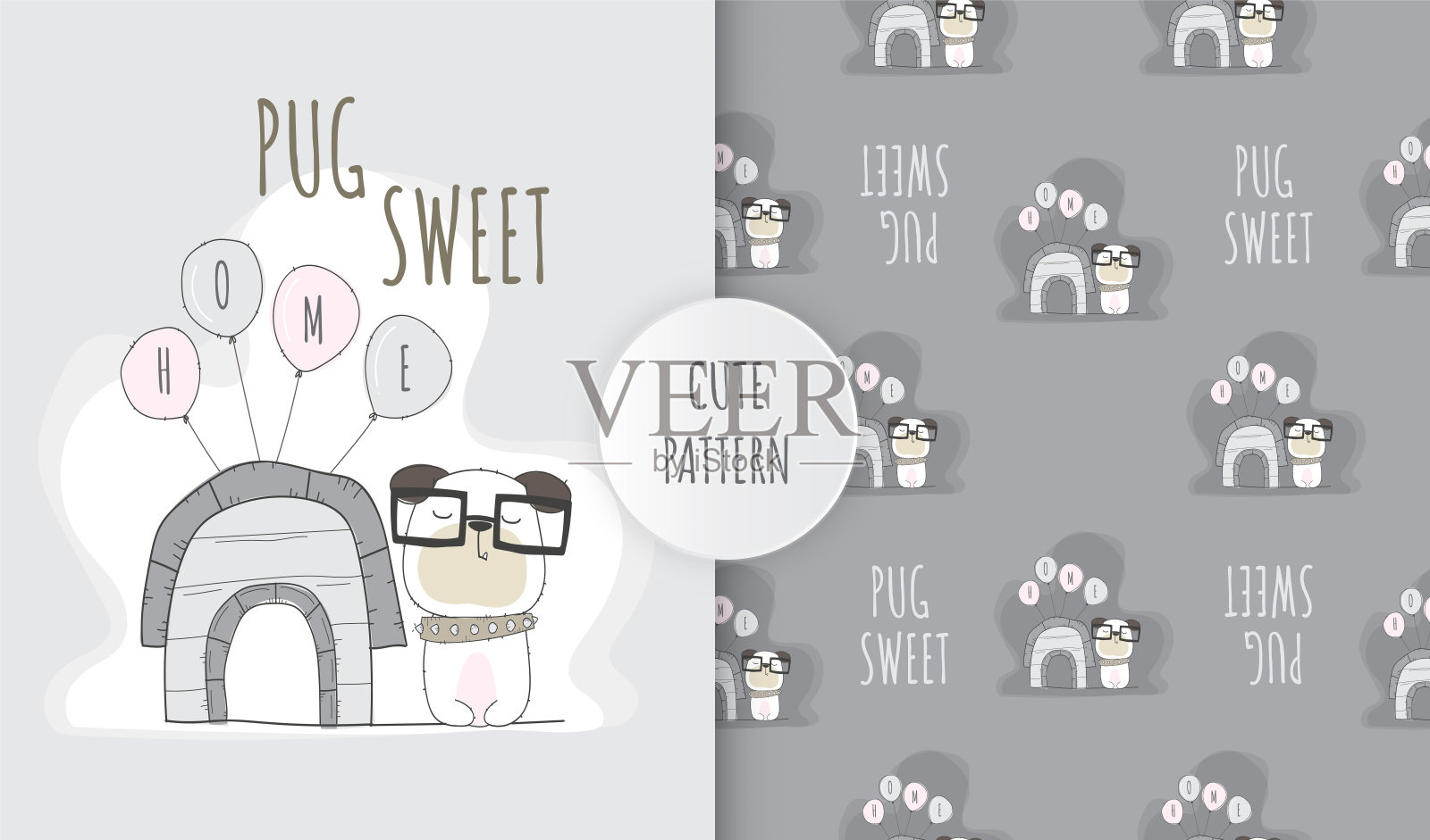 平底图案可爱的哈巴狗在家里插画图片素材