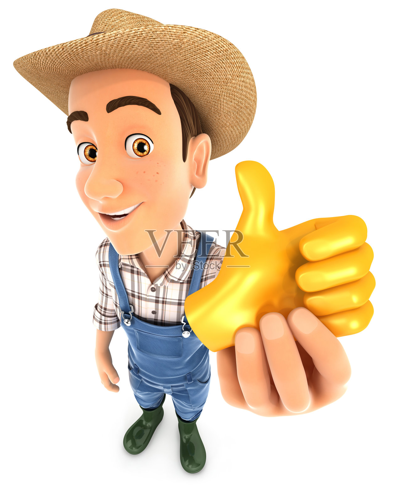 3d农民持有黄金拇指向上的图标照片摄影图片