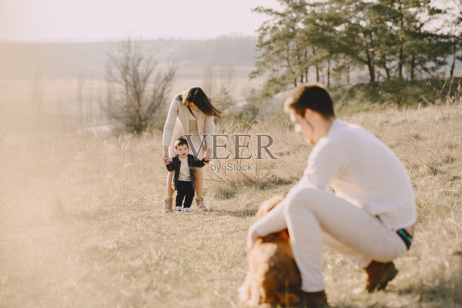 时尚的家庭漫步在春天的田野上照片摄影图片