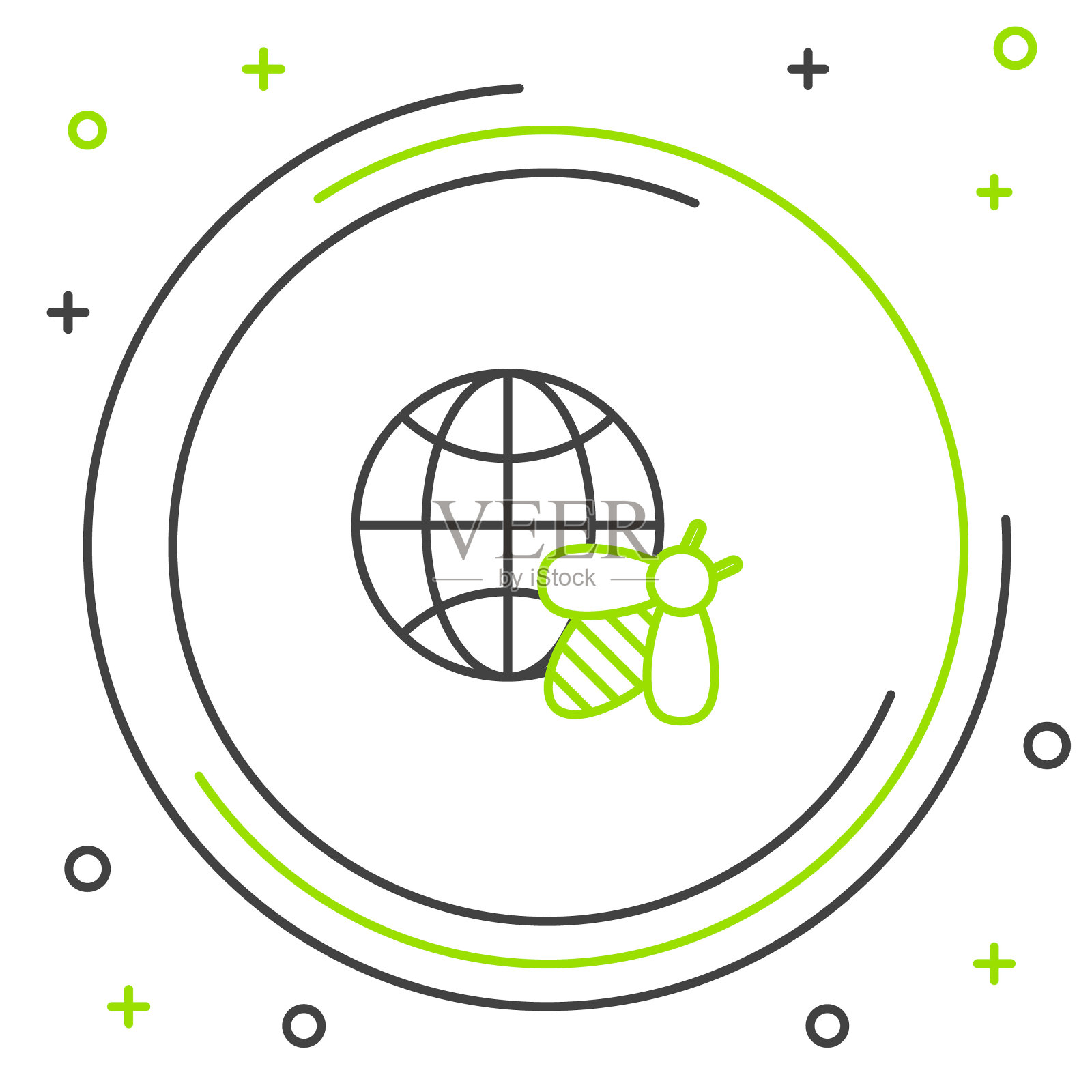 黑色和绿色线蜂窝地图的世界和蜜蜂图标孤立在白色的背景。世界蜜蜂日。概念生态事件。色彩斑斓的轮廓的概念。矢量图插画图片素材