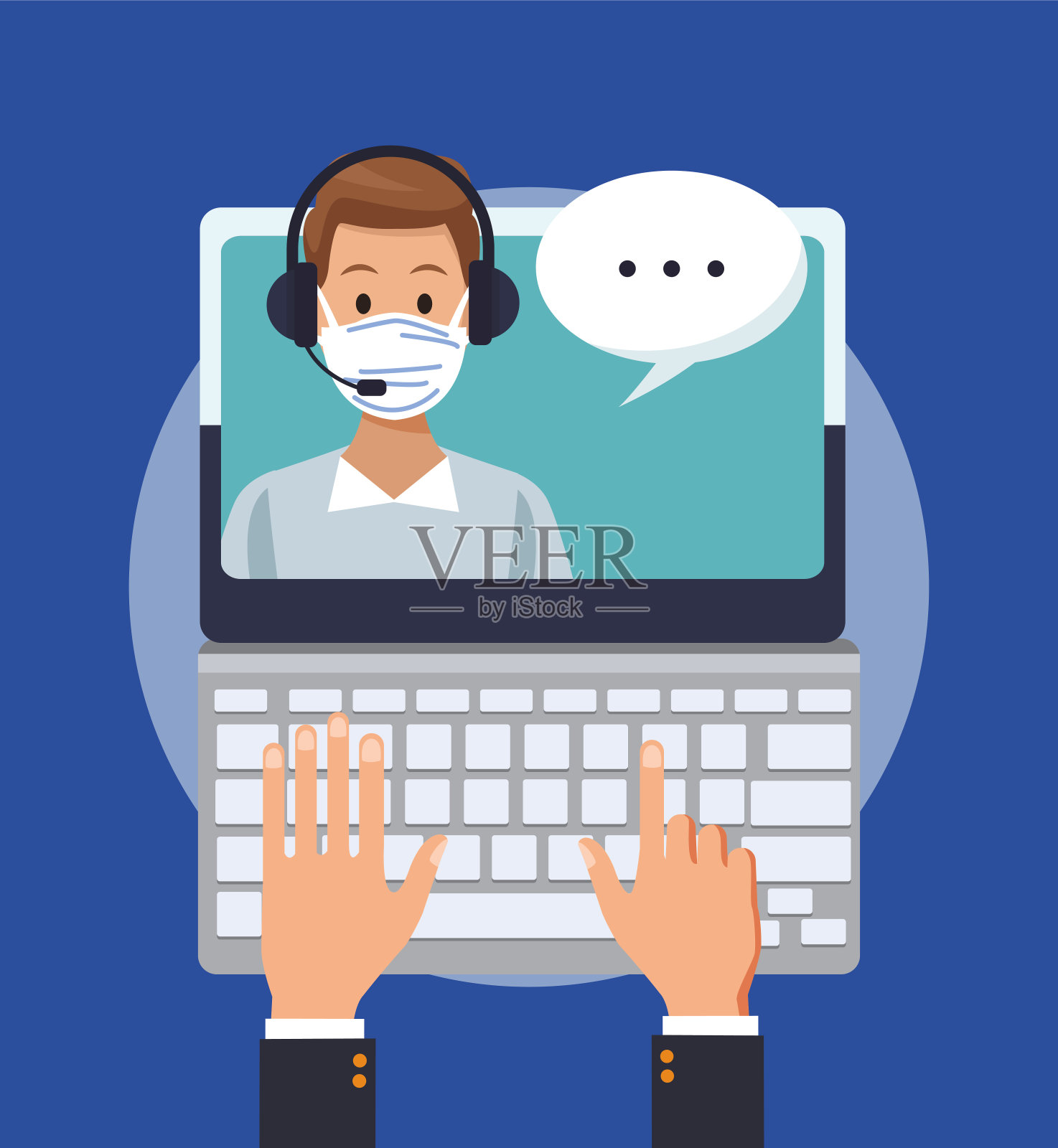 呼叫中心支持戴医用口罩的男性员工插画图片素材