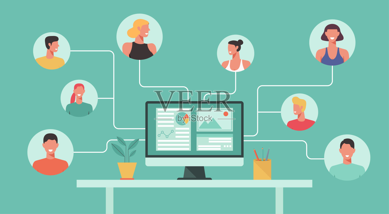 人们远程工作的计算机概念插画图片素材