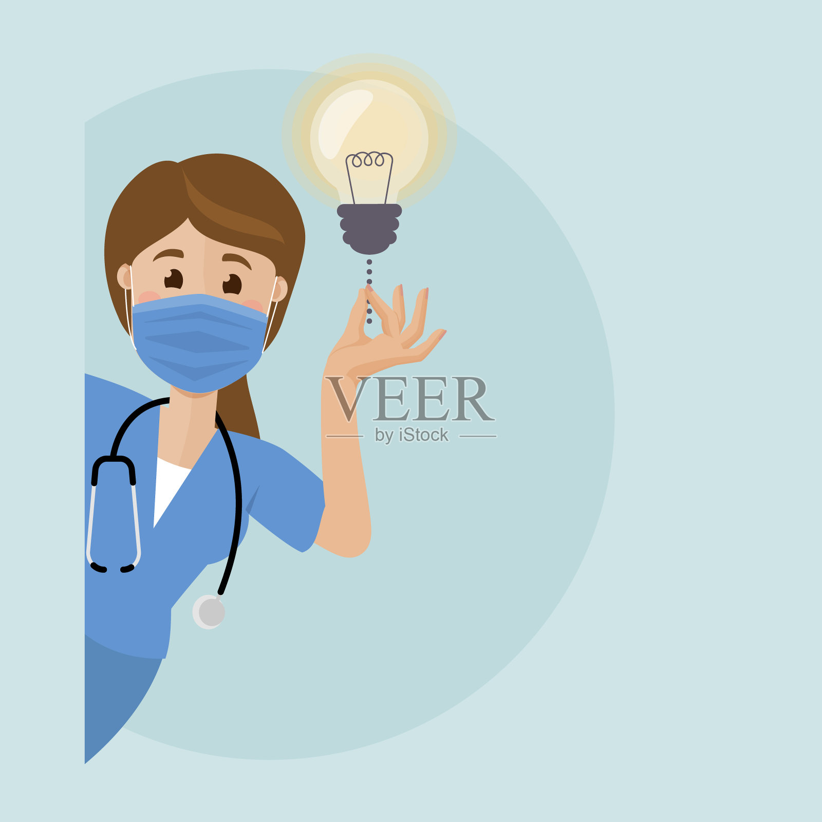 一个年轻的护士从拐角处偷看了一下，给了一个提示。插画图片素材