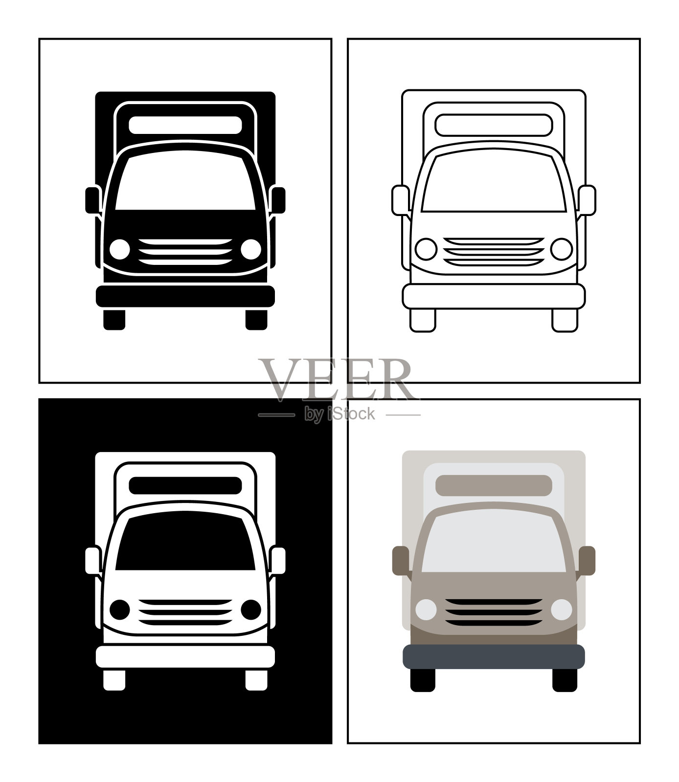 卡车标志以象形文字、黑色和白色、线条图标和平面图标的形式呈现。插画图片素材