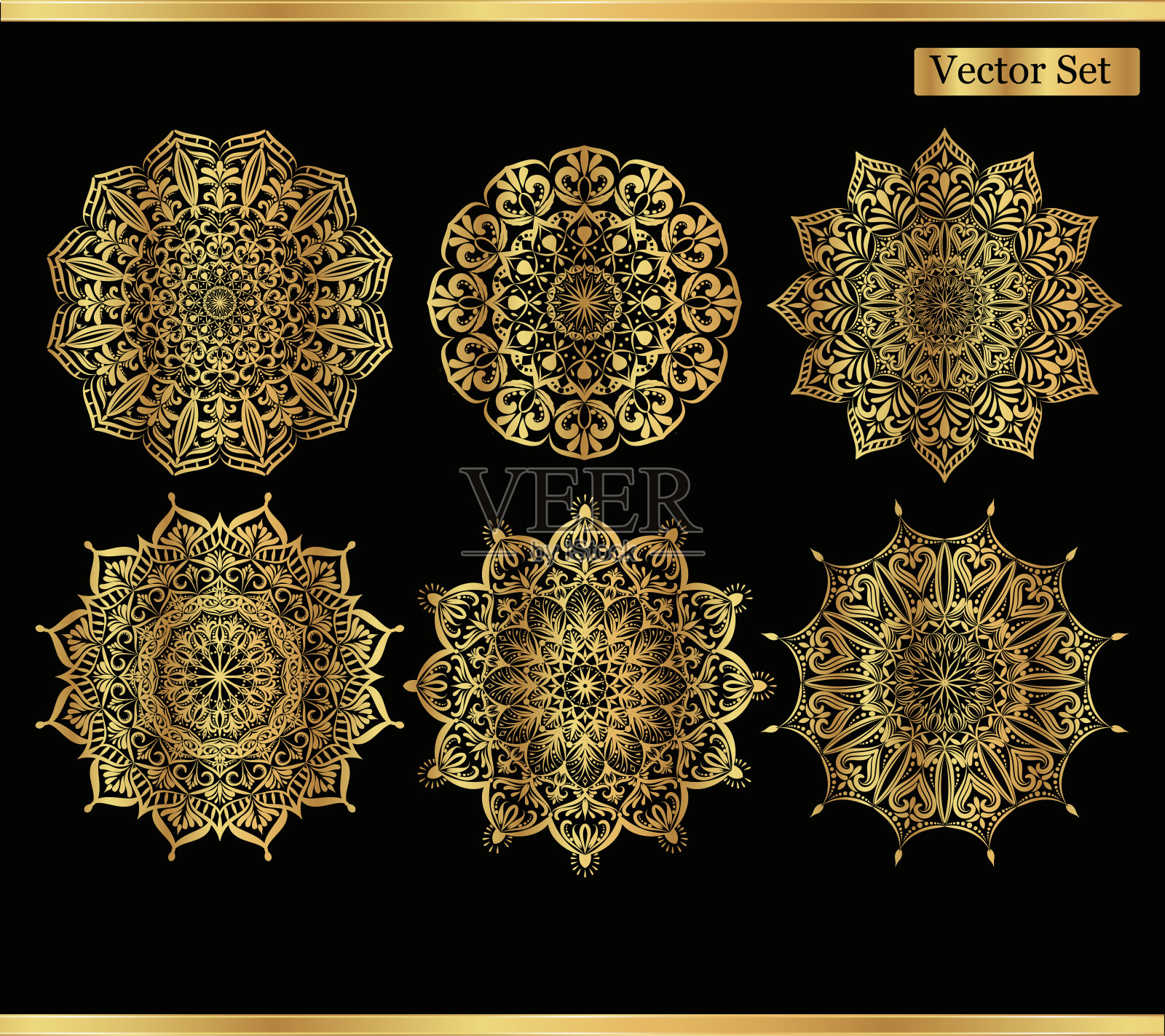 在黑色背景上的金色矢量蕾丝图案的集合插画图片素材