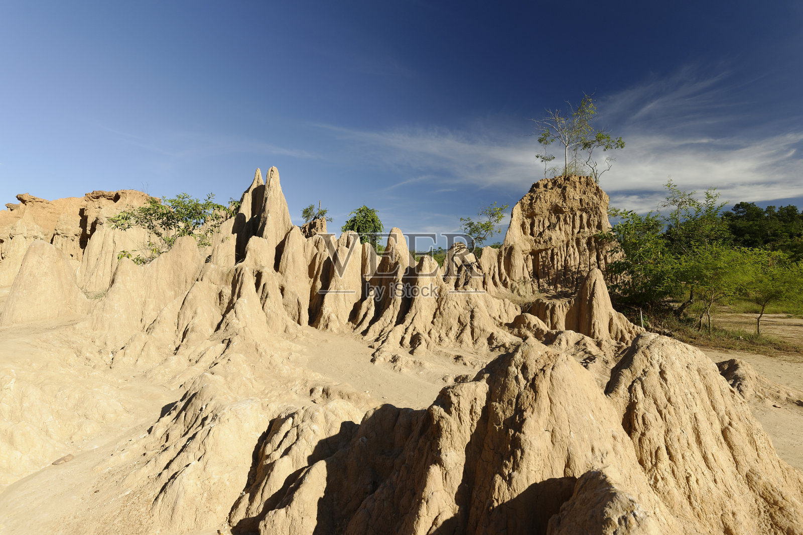 沙石或水稻土看起来很像小大峡谷，覆盖着树木和蓝天。照片摄影图片